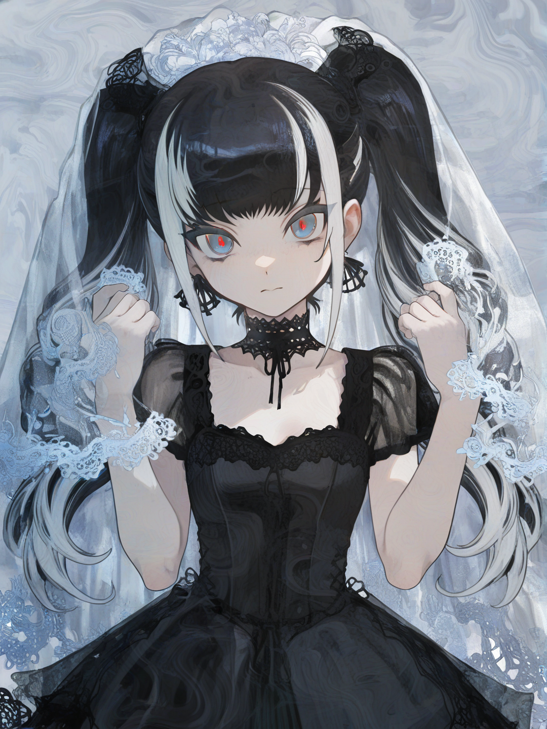 [watercolor-illustration-style], 1girl, teenager, tall, black hair, twintails, white hair, gray eyes, pale skin, little black dress, ruffles, lace, choker, wedding veil