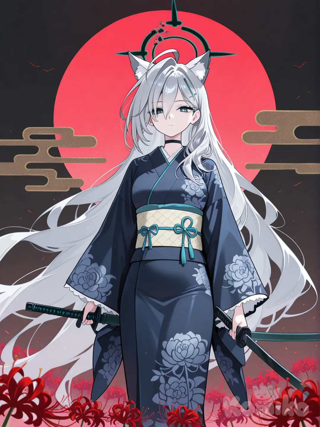 shiroko terror (blue archive), в кимоно с паучьей лилией с катаной в руке