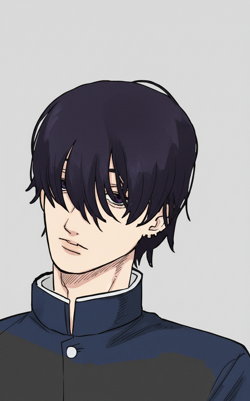 1 boy, violet hair, violet eyes, don't change the art style, no background