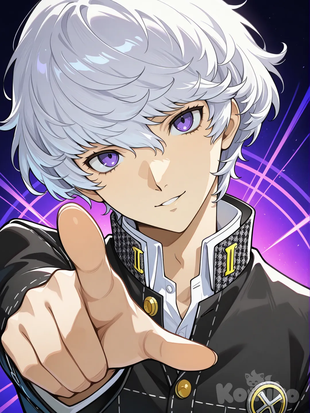 Japanese boy with curly white hair, purple eyes, yasogami uniform from persona 4, persona style, head tilt, pointing at viewer