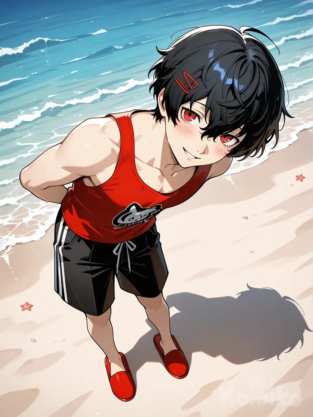 Japanese tall boy with black hair, red eyes, red hair pins, smile, persona style, blush, arms behind back, red tank top, black knee length shorts, red slippers, leaning, head tilt, beach
