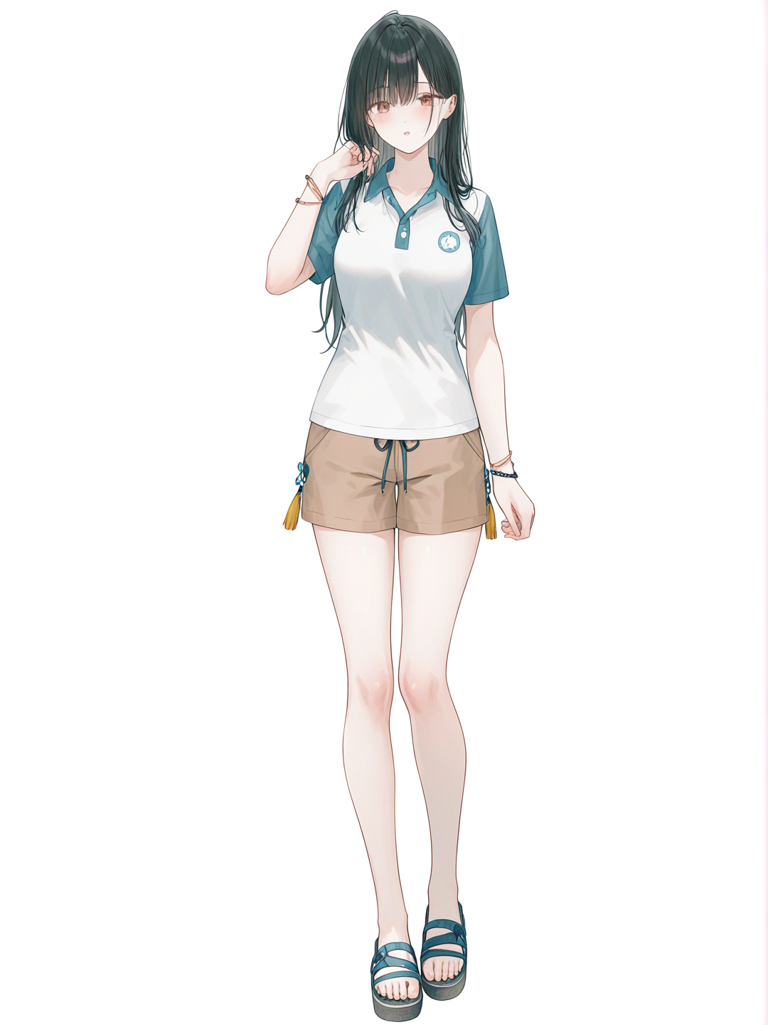 [soft-pastel-style] 1girl, mature, black hair, long hair, brown eyes, dimple, fair skin, beach shorts, polo shirt, tassels, bracelet, single character, full body, looking at viewer, anime style, simple background, white background