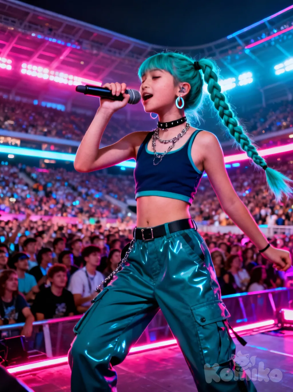 1 female teen, [high-contrast-glossy-style], singing, dancing, crop top, cargo pants, earrings, necklace, choker, battle braid, Teal hair, stage, stadium, neon lights, full body