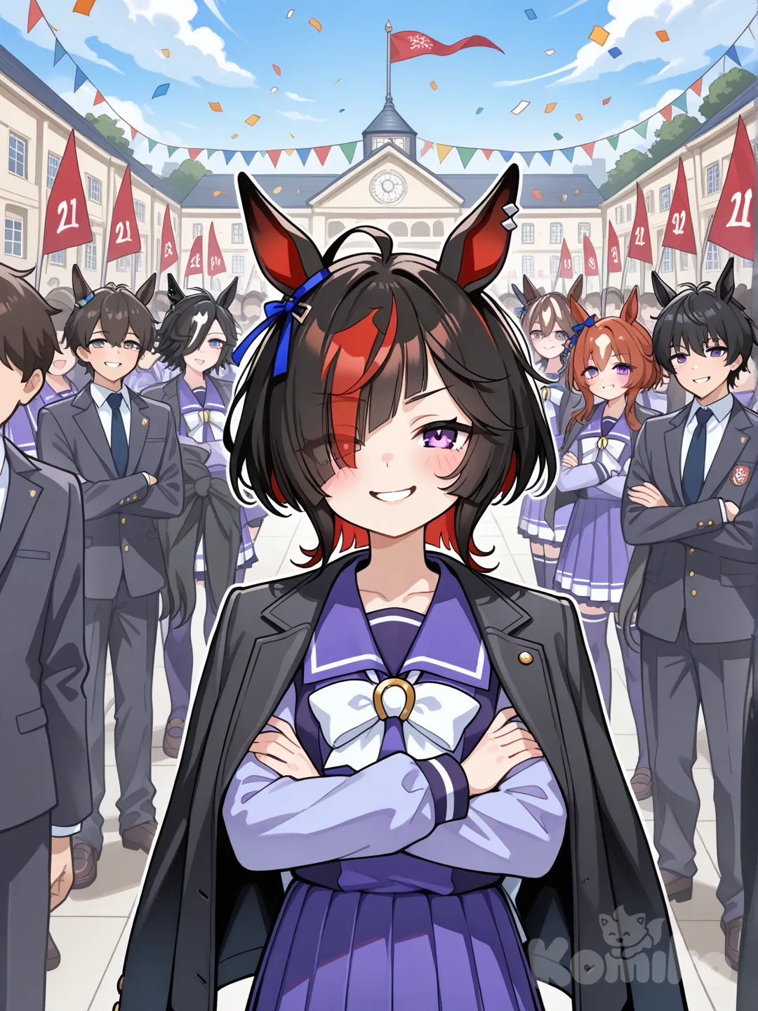 girl, loli, umamusume, tracen school uniform, short hair, black hair, messy hair, blunt back hair, hair over one right eye, diagonal bangs, red colored inner hair, sidelocks, purple eyes, black horse ears, right ears blue ribbon, chairman, kaichou, proud smile, boastful smile, arms crossed, jacket over shoulders, flag, followers, school, army of followers, celebrating, congratulations, black jacket, school jacket, bright red streaks, multicolored hair