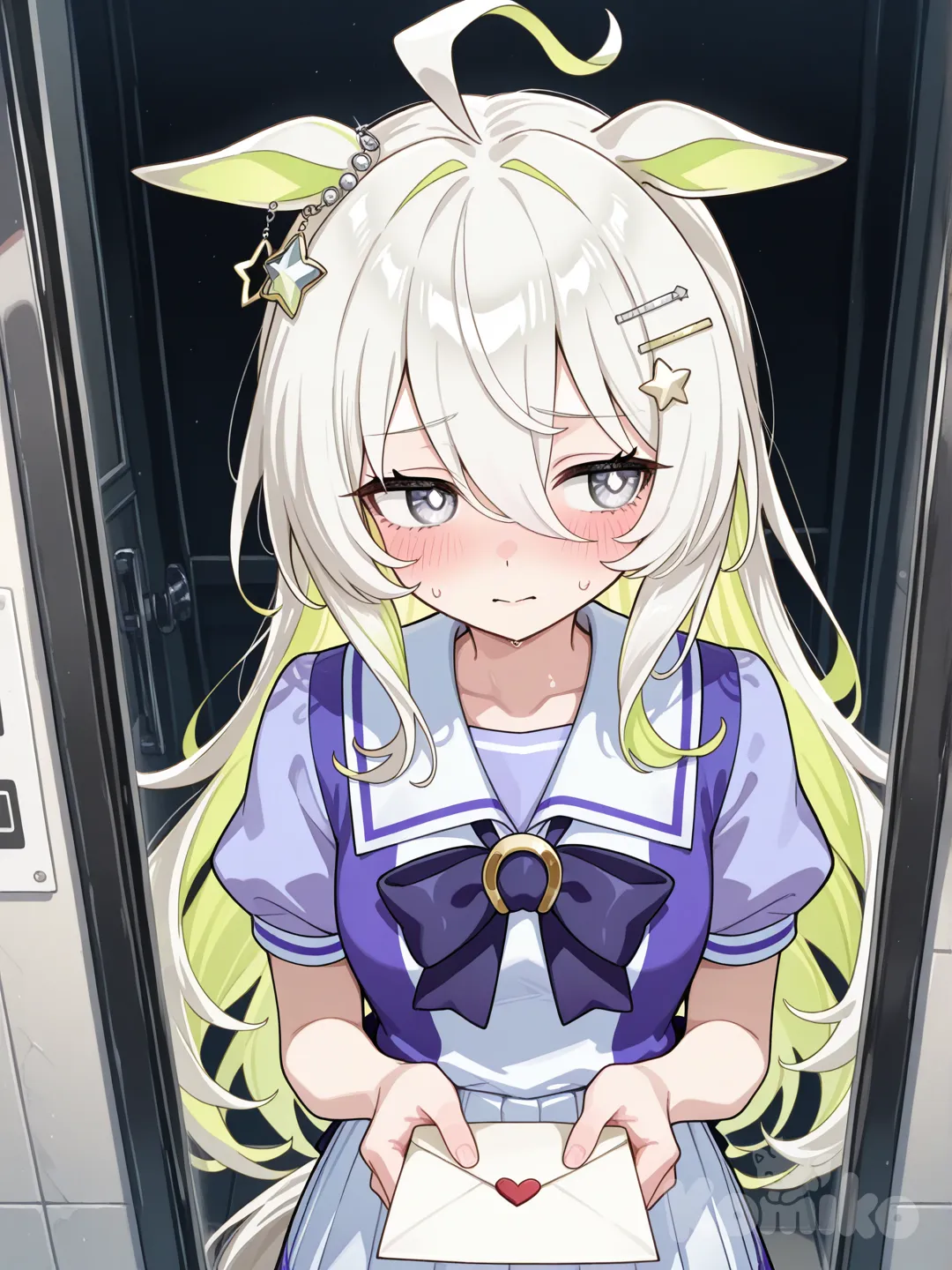 teenage, umamusme, horse girl, horse ears, long horse tail, slender, narrow hips, small breasts, very long hair, hair down, double white streaked hair, blonde hair, hair with lightpink inner layer, white ahoge, round anime eyes, gray to white gradation eyes, white ring-shaped pupils, reflective eyes, school uniform, tracen school uniform, small limegreen color round ear ornament and white color star-shaped hair clip, white streaks, not a diamond in the bangs, love letter, nervous, confessing, looking away