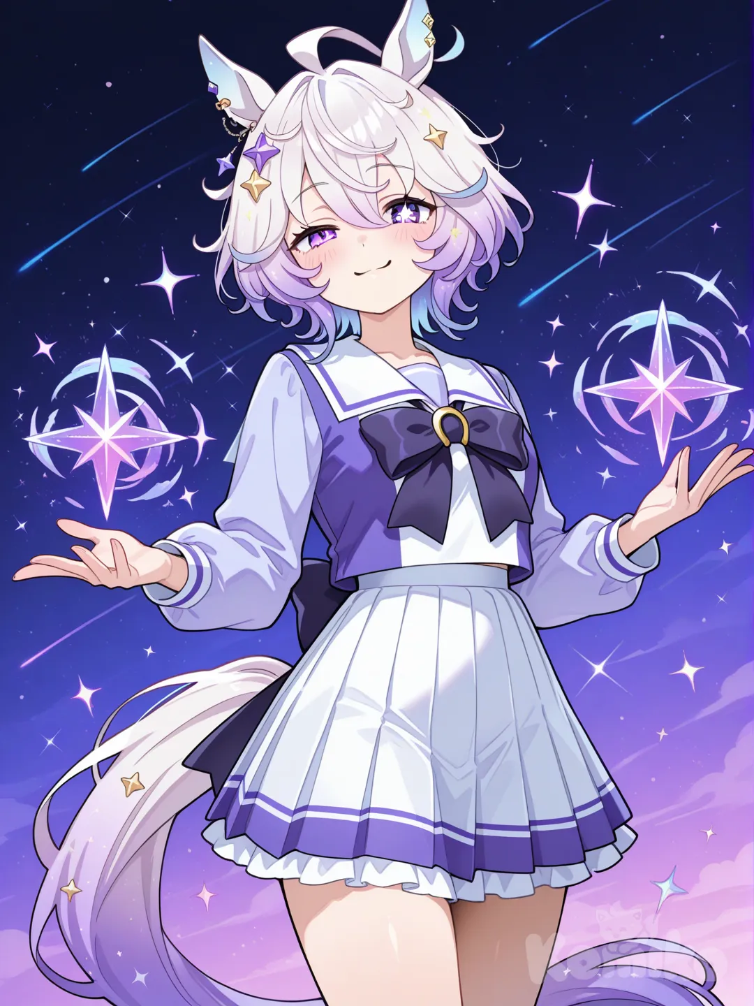 magical girl, umamusume, gradient hair, white hair, violet hair, short hair, messy hair, fluffy hair, multicolored hair, heterochromia, purple eyes, brave, confident, flirtatious, tall female, short skirt, horse tail, stars, star in eye, tomboy, flying, magic, white clothes, ribbon, stars accesorys