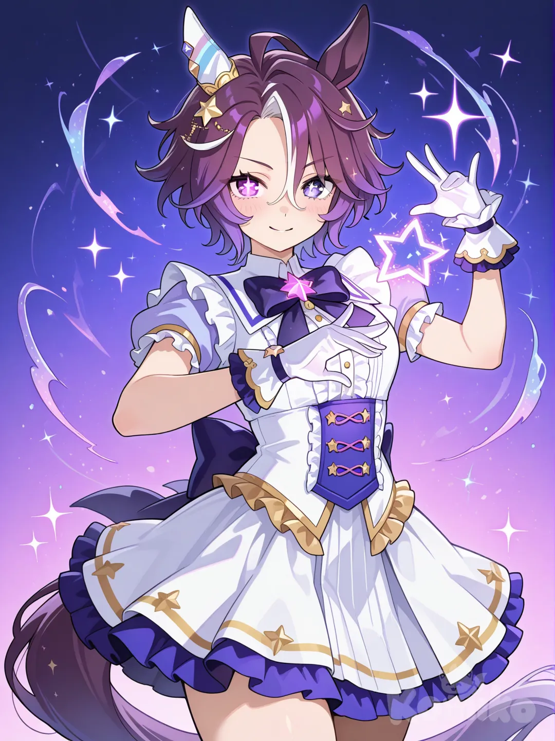 magical girl, umamusume, gradient hair, white hair, violet hair, short hair, messy hair, fluffy hair, multicolored hair, heterochromia, purple eyes, brave, confident, flirtatious, tall female, short skirt, horse tail, horse ears, stars, star in eye, tomboy, flying, magic, white clothes, ribbon, stars accesorys