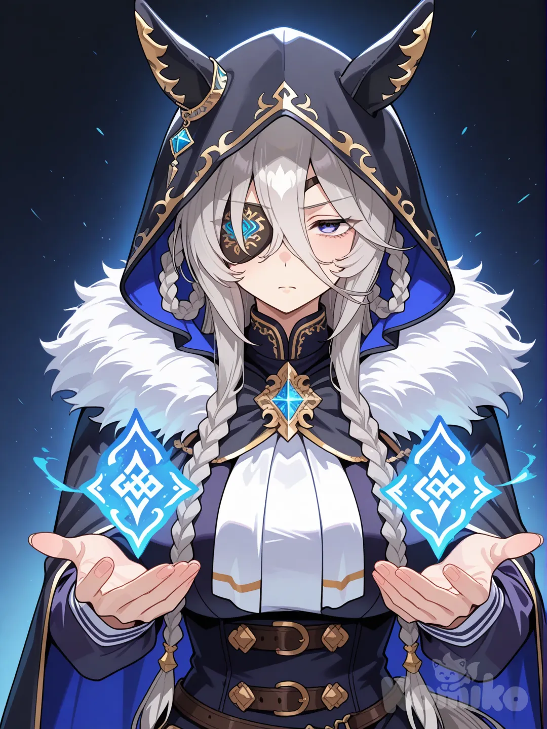 braid, multiple braids, ring in braids, very long hair, 1girl, very tall female, umamusume, horse tail, horse ears, grey hair, long bangs, very long sideburns, dark blue eyes, eye patch, mature female, serious face, relaxed eyes, tired gaze, kuudere, cape, fluffy cape, hood, tracen school uniform, floating runes, runes, magic