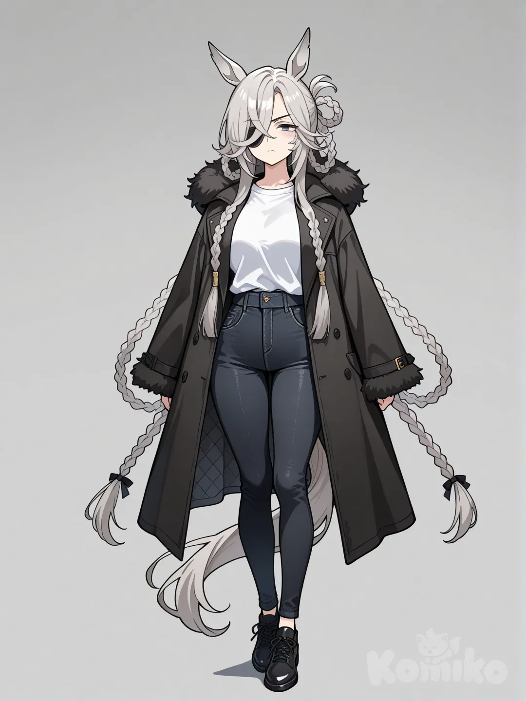 braid, multiple braids, ring in braids, very long hair, 1girl, very tall female, umamusume, horse tail, horse ears, grey hair, long bangs, very long sideburns, dark blue eyes, eye patch, mature female, serious face, relaxed eyes, tired gaze, kuudere, cape, fluffy cape, hood, long coat, white shirt, black jeans, casual, black jacket