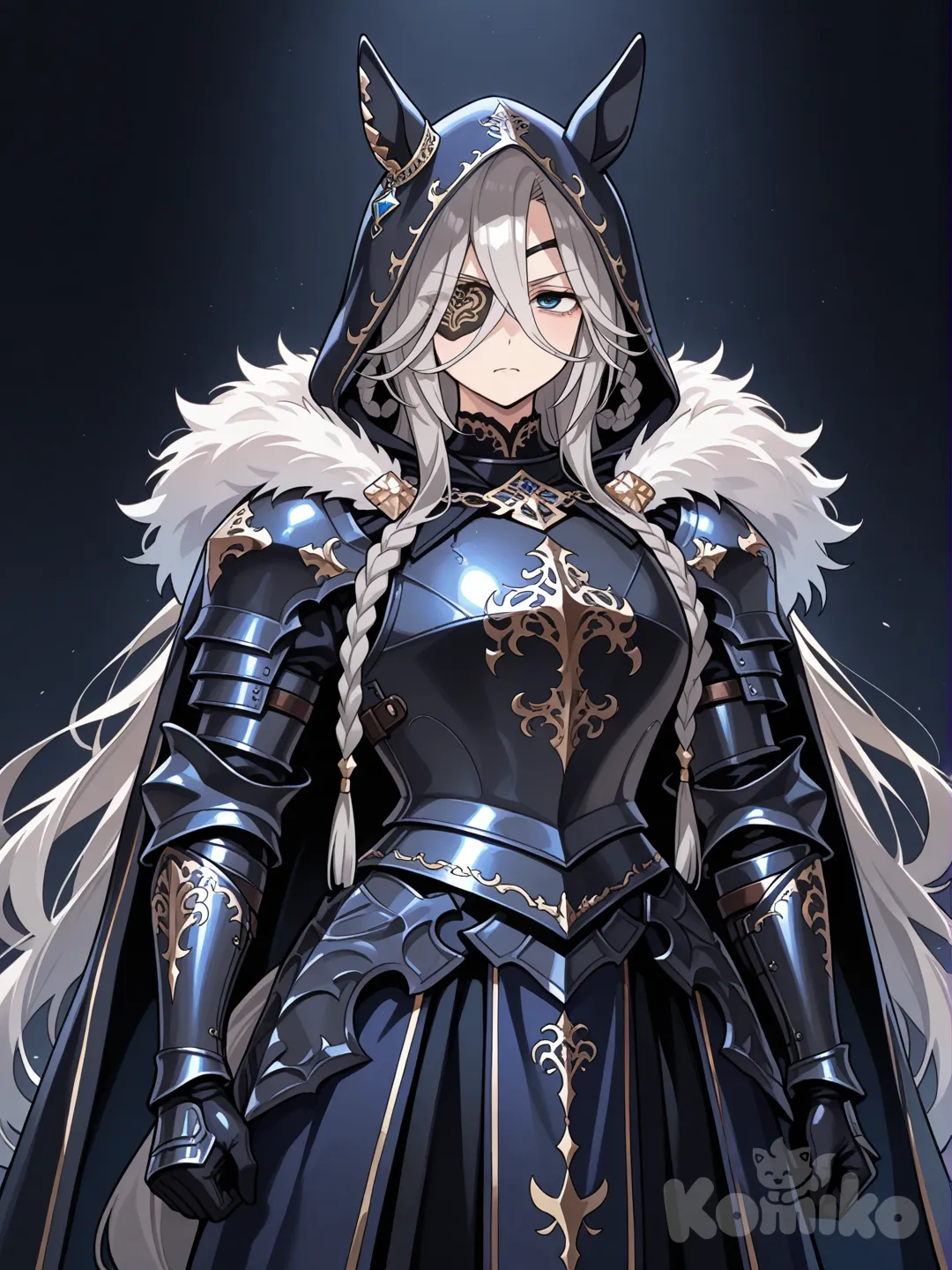 braid, multiple braids, ring in braids, very long hair, 1girl, very tall female, umamusume, horse tail, horse ears, grey hair, long bangs, very long sideburns, dark blue eyes, eye patch, mature female, serious face, relaxed eyes, tired gaze, kuudere, cape, fluffy cape, hood, armor pieces, fragment armor