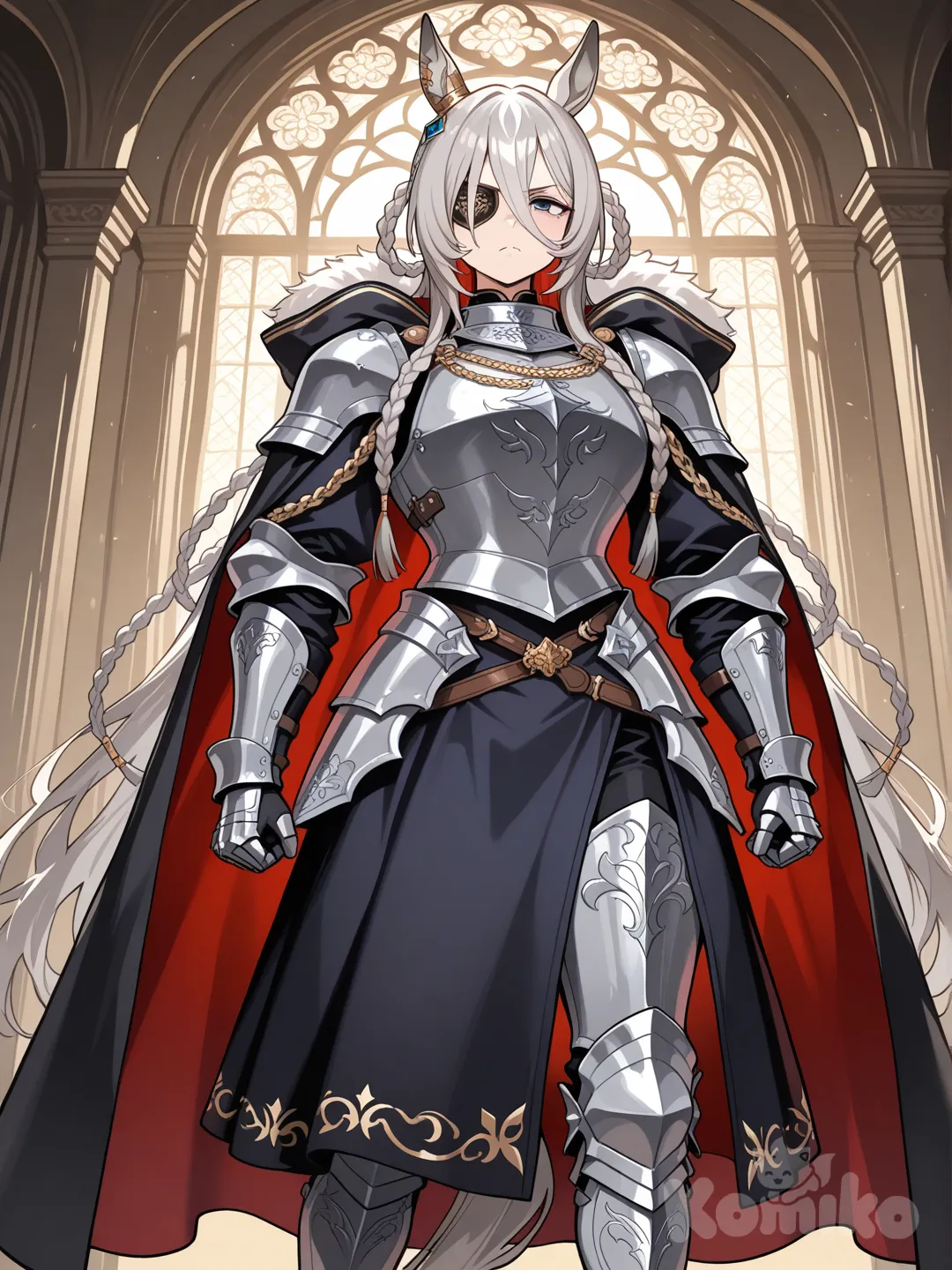 braid, multiple braids, ring in braids, very long hair, 1girl, very tall female, umamusume, horse tail, horse ears, grey hair, long bangs, very long sideburns, dark blue eyes, eye patch, mature female, serious face, relaxed eyes, tired gaze, kuudere, cape, fluffy cape, hood, breastplate, gauntlets, greaves