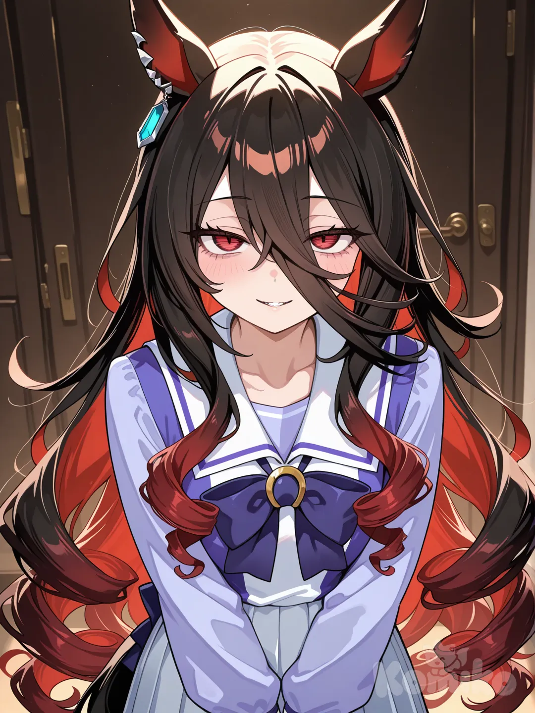 1girl, horse tail, horse ears, very long hair, black hair, curly hair, red eyes, red streaks, multicolored hair, tracen school uniform, horse girl, straight bangs, long bangs, sharp eyes, curly streaks, relaxed eyes, elegant