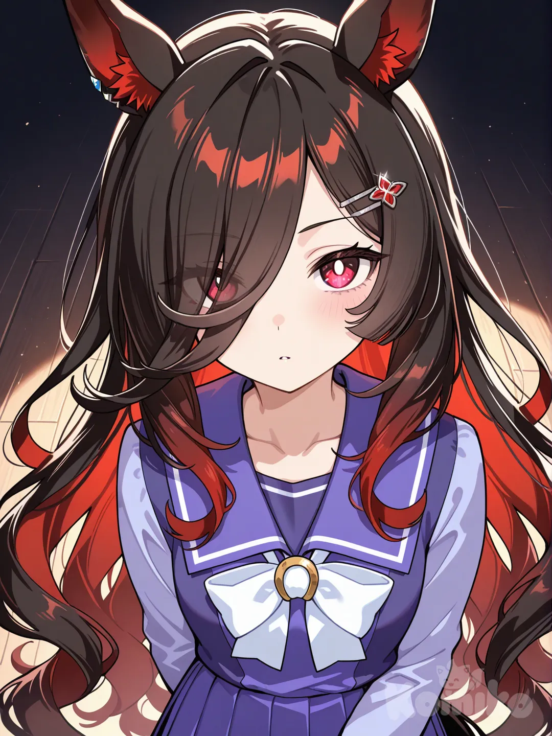 1girl, horse tail, horse ears, very long hair, black hair, curly hair, red eyes, multicolored hair, tracen school uniform, horse girl, straight bangs, sharp eyes, relaxed eyes, elegant, bright eyes, hairclip, red hair, white pupils, umamusume, two-tone hair