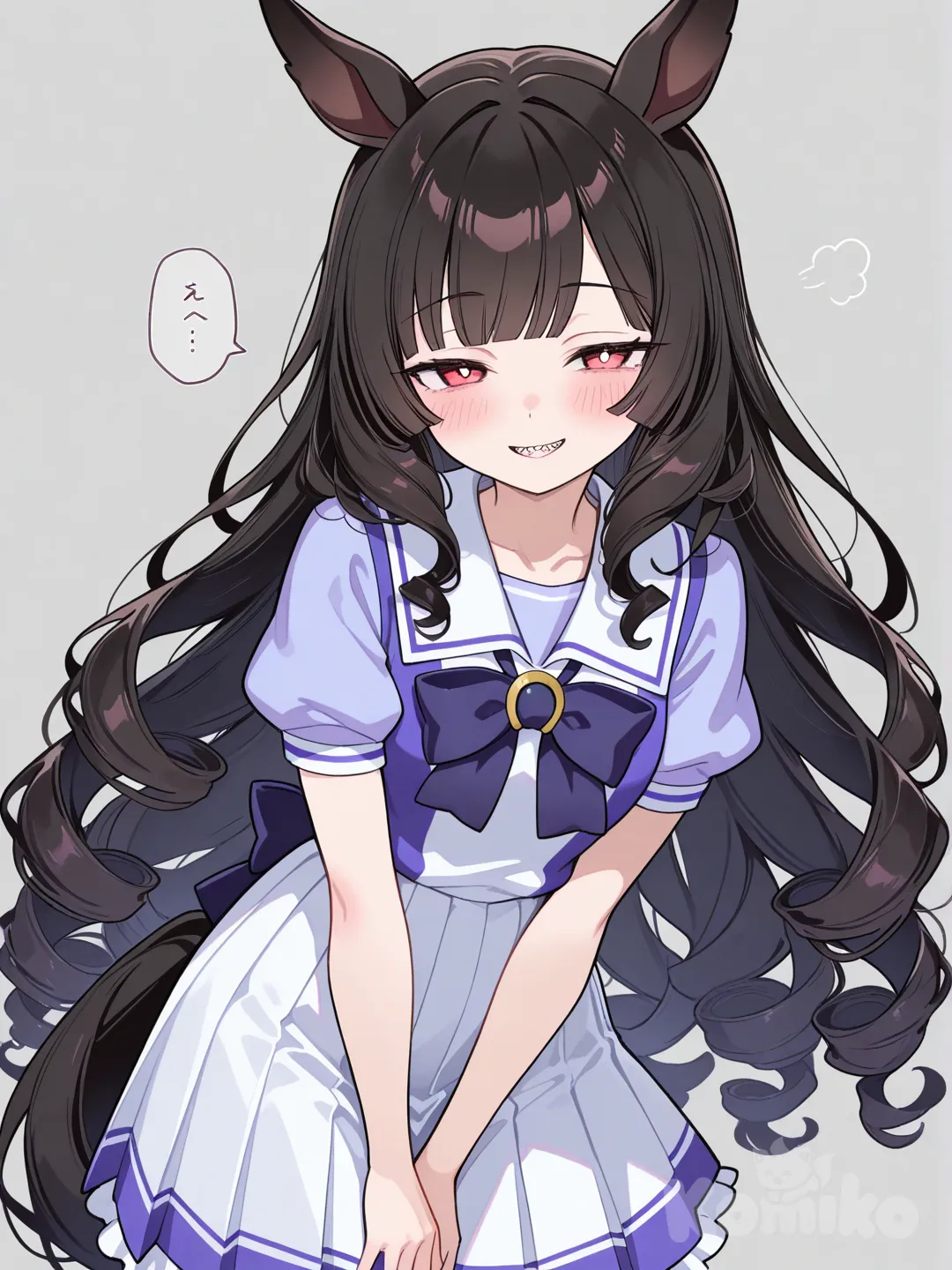 1girl, horse tail, horse ears, very long hair, black hair, curly hair, red eyes, tracen school uniform, horse girl, straight bangs, sharp eyes, relaxed eyes, elegant, bright eyes, white pupils, only black hair