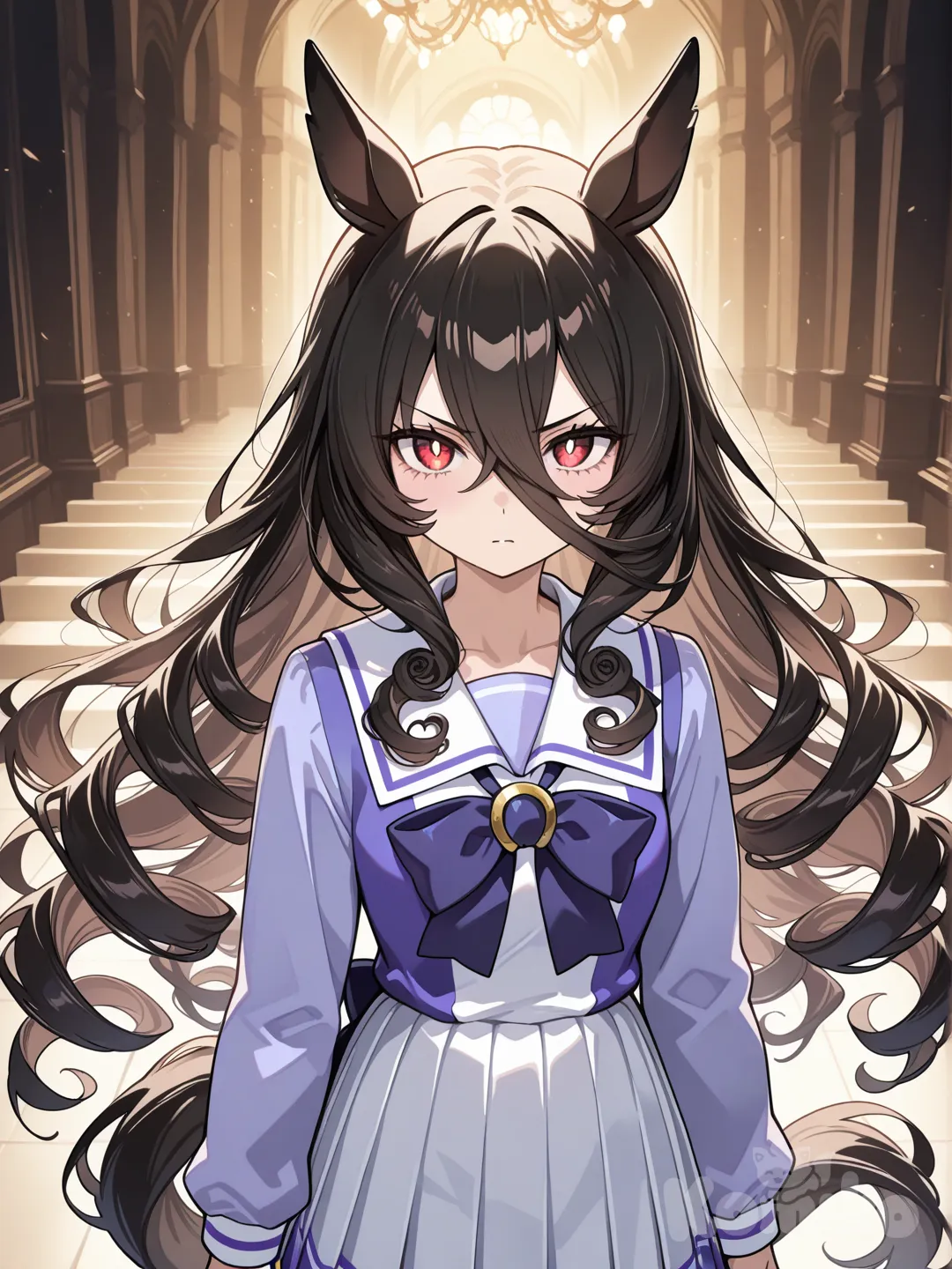 1girl, horse tail, horse ears, very long hair, black hair, curly hair, red eyes, tracen school uniform, horse girl, straight bangs, determined eyes, relaxed eyes, elegant, bright eyes, white pupils, only black hair