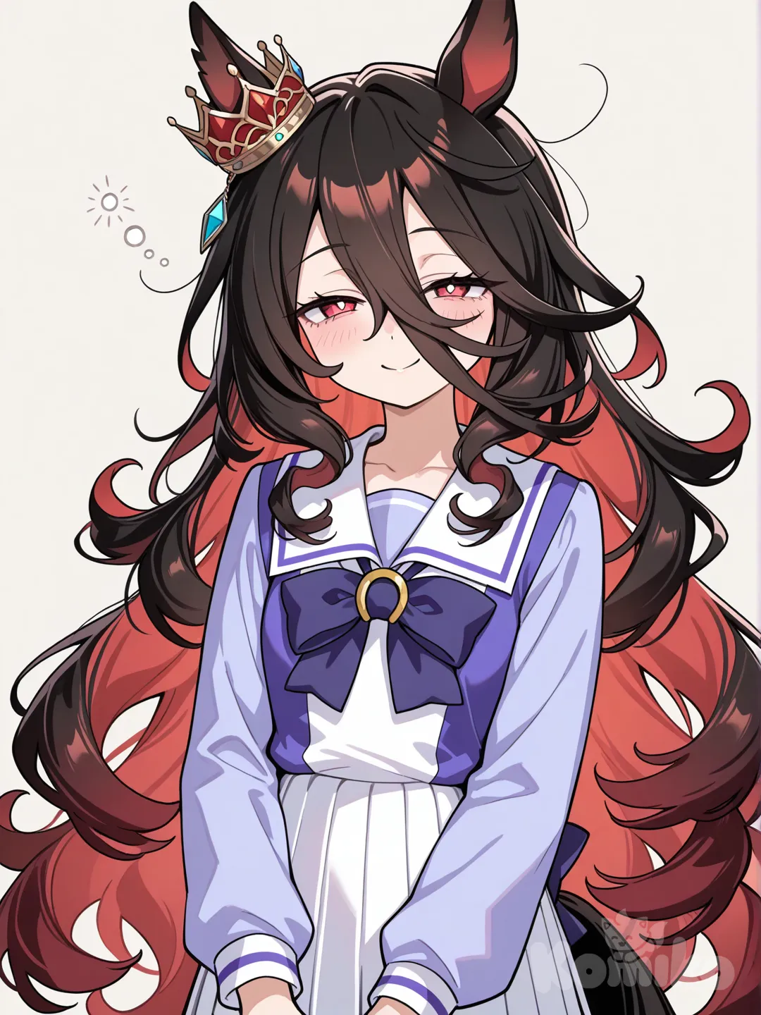1girl, horse tail, horse ears, very long hair, black hair, curly hair, red eyes, tracen school uniform, horse girl, long bangs, sharp eyes, keen eyes, relaxed eyes, elegant, bright eyes, white pupils, only black hair, smile, fluffy hair, red hair, multicolored hair, two-tone hair, sleeper, small crown