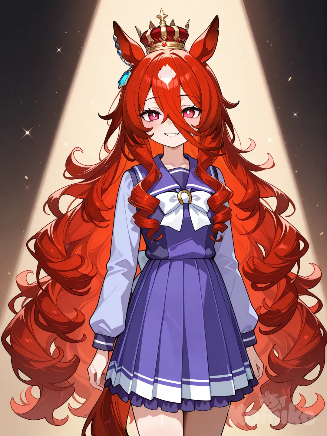 1girl, horse tail, horse ears, very long hair, black hair, curly hair, red eyes, tracen school uniform, horse girl, long bangs, sharp eyes, keen eyes, elegant, bright eyes, white pupils, only black hair, smile, fluffy hair, red hair, multicolored hair, two-tone hair, small crown, extroverted