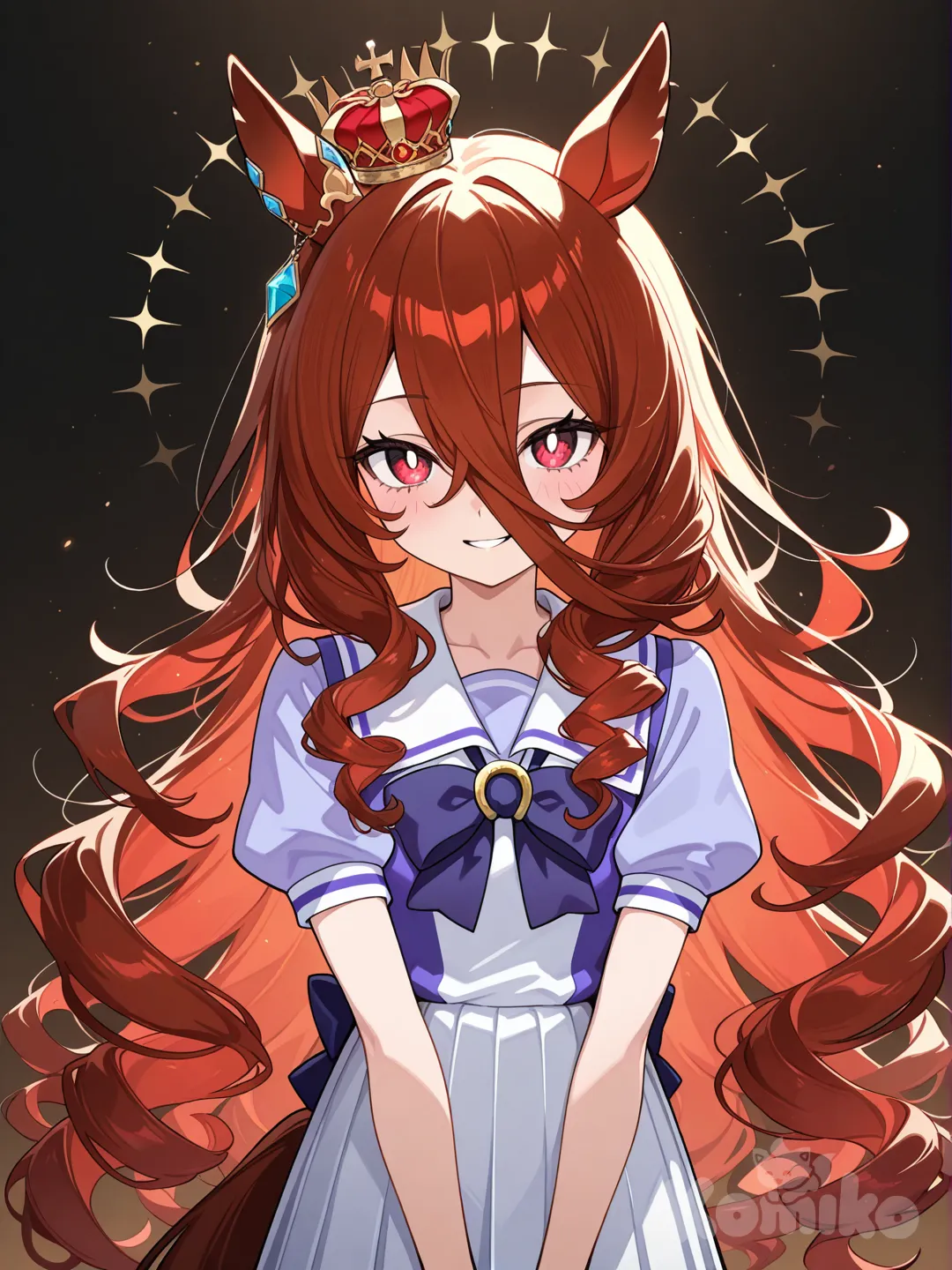 1girl, horse tail, horse ears, very long hair, black hair, curly hair, red eyes, tracen school uniform, horse girl, long bangs, sharp eyes, keen eyes, elegant, bright eyes, white pupils, smile, fluffy hair, red hair, multicolored hair, two-tone hair, small crown, extroverted