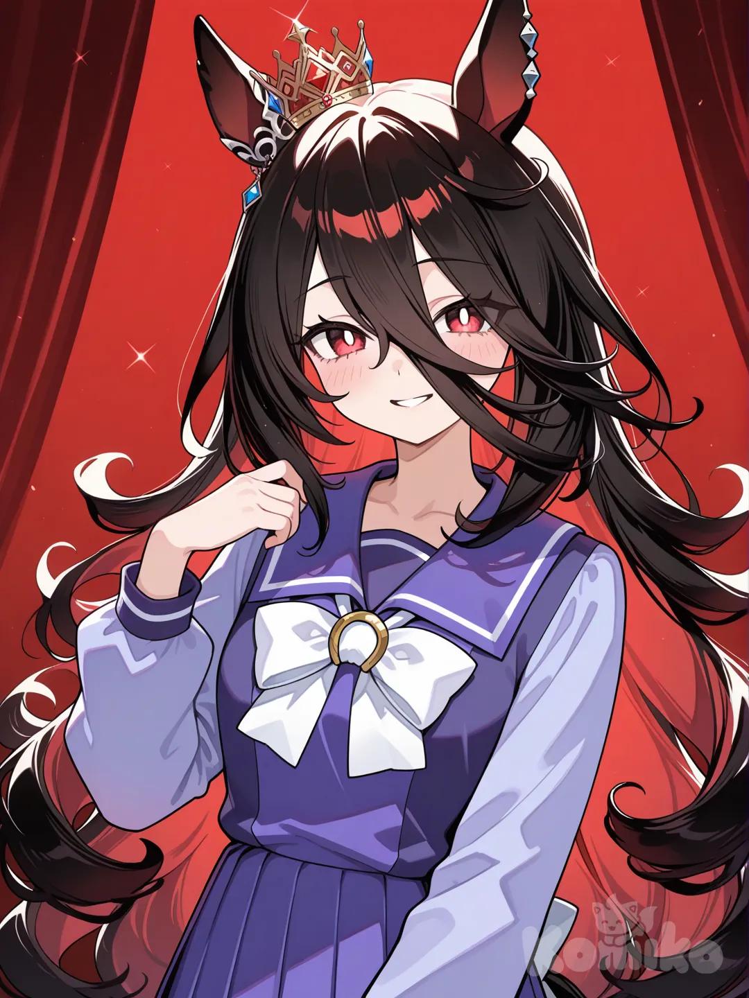1girl, horse tail, horse ears, very long hair, black hair, curly hair, red eyes, tracen school uniform, horse girl, long bangs, sharp eyes, keen eyes, elegant, bright eyes, white pupils, smile, fluffy hair, red hair, multicolored hair, two-tone hair, small crown, extroverted, side-swept bangs, face uncovered