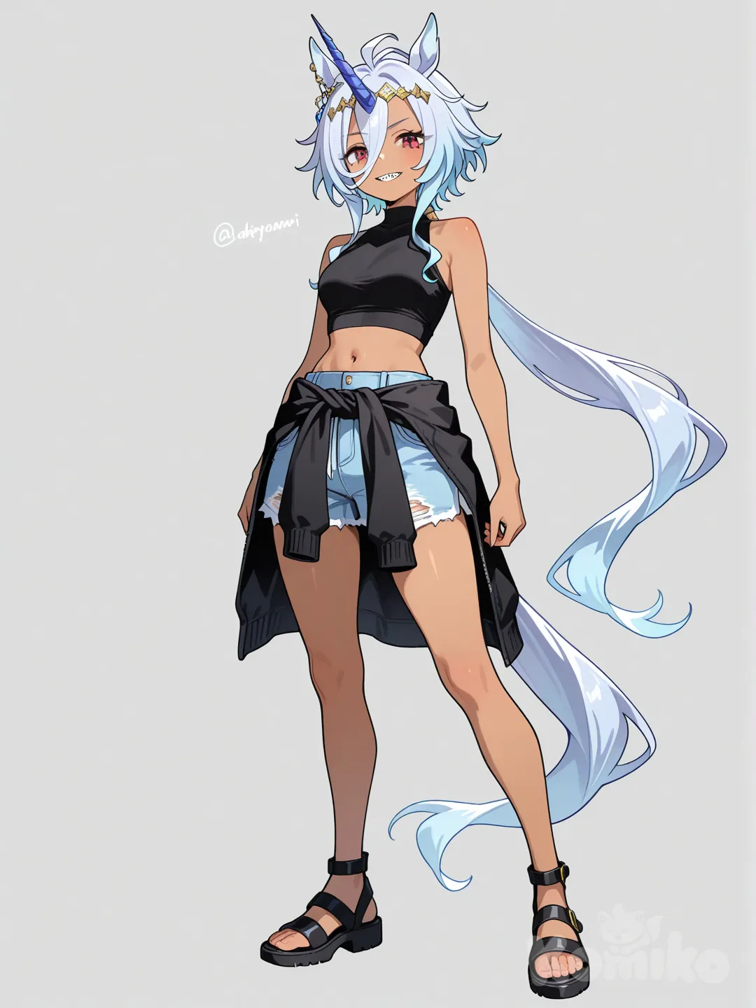 umamusume, horse ears, horse tail, 1girl, single horn, red eyes, diadem, silver hair, spiky hair, short hair, dark skin, sharp gaze, light blue streaks, blue horn, long bangs, very long sideburns, sharp teeth, very long low ponytail, low ponytail, sleeveless shirt, jacket around waist, navel, shorts, black shirt, black jacket, sandals