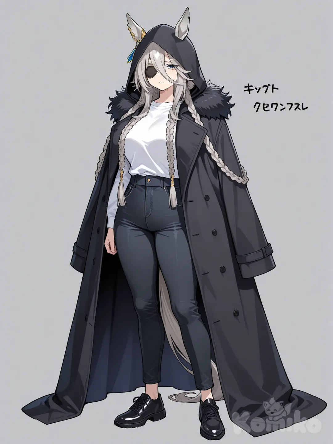 braid, multiple braids, ring in braids, very long hair, 1girl, very tall female, umamusume, horse tail, horse ears, grey hair, long bangs, very long sideburns, dark blue eyes, eye patch, mature female, serious face, relaxed eyes, tired gaze, kuudere, cape, fluffy cape, hood, long coat, white shirt, black jeans, casual, black jacket