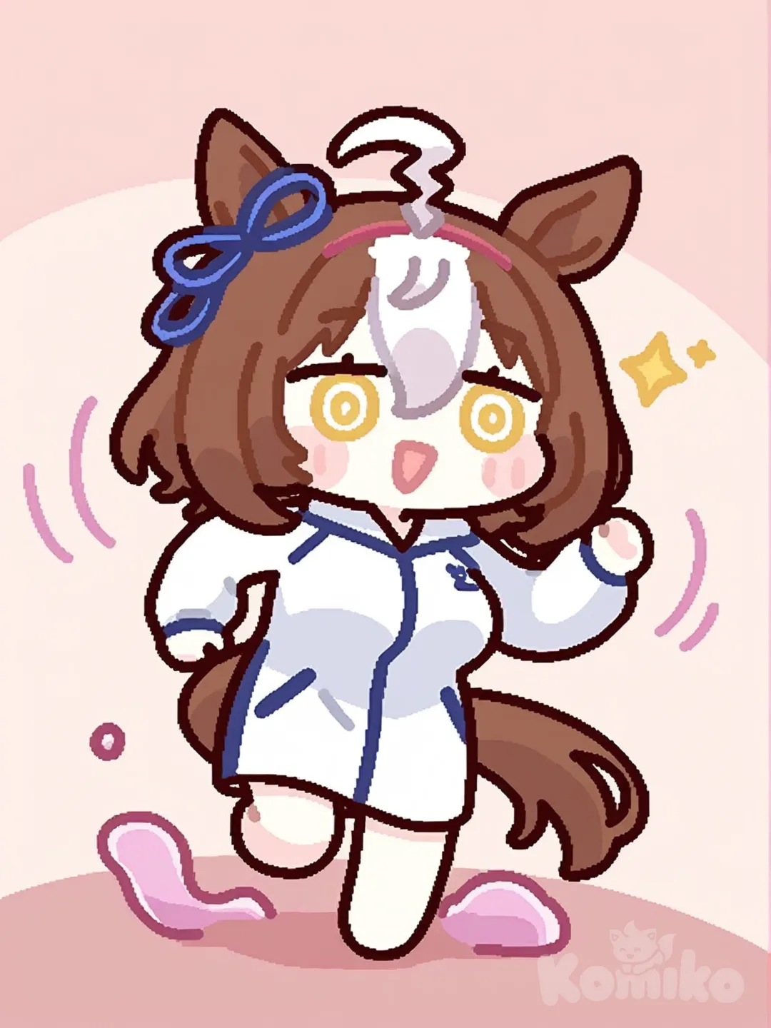 umamusume, horse ears, horse tail, green hair, milticolored ears, alternate ears, alien, @ @, heterochromia, multicolored eyes, long hair, slime hair, slime tail, parasite, slime ears, yellow eyes, stripes on the ears, multicolored hair, yellow stripes on the ears, hair faded to yellow, white pupils, spiral pupils, jacket, white jacket, huge jacket, bare legs, [flat-outline-chibi-style], bouncing, hand holding, handholding, 

meisho doto (umamusume), 

2girls