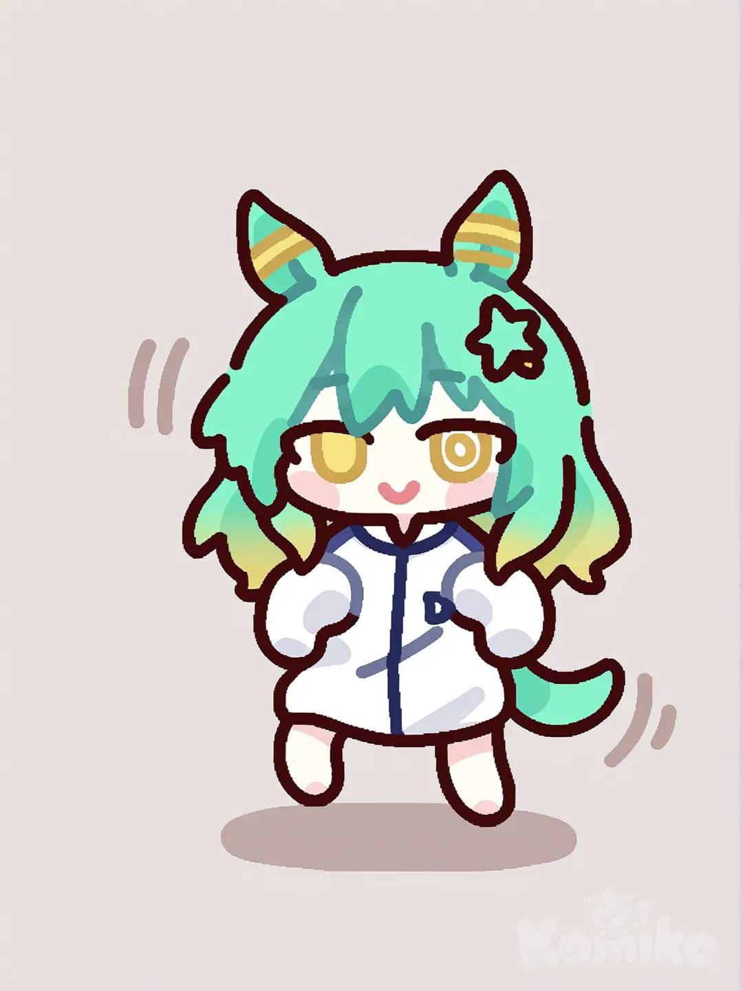 umamusume, horse ears, horse tail, green hair, milticolored ears, alternate ears, alien, @ @, heterochromia, multicolored eyes, long hair, slime hair, slime tail, parasite, slime ears, yellow eyes, stripes on the ears, multicolored hair, yellow stripes on the ears, hair faded to yellow, white pupils, spiral pupils, jacket, white jacket, huge jacket, bare legs, [flat-outline-chibi-style], bouncing, dancing