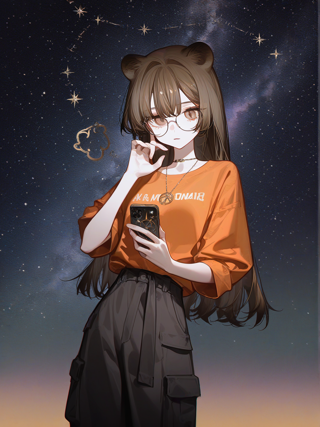 1girl, [high-contrast-glossy-style], looking at phone, orange t-shirt, black cargo pants, necklace, glasses, lion ears, long brown hair, brown eyes, pale skin, night, leo zodiac background