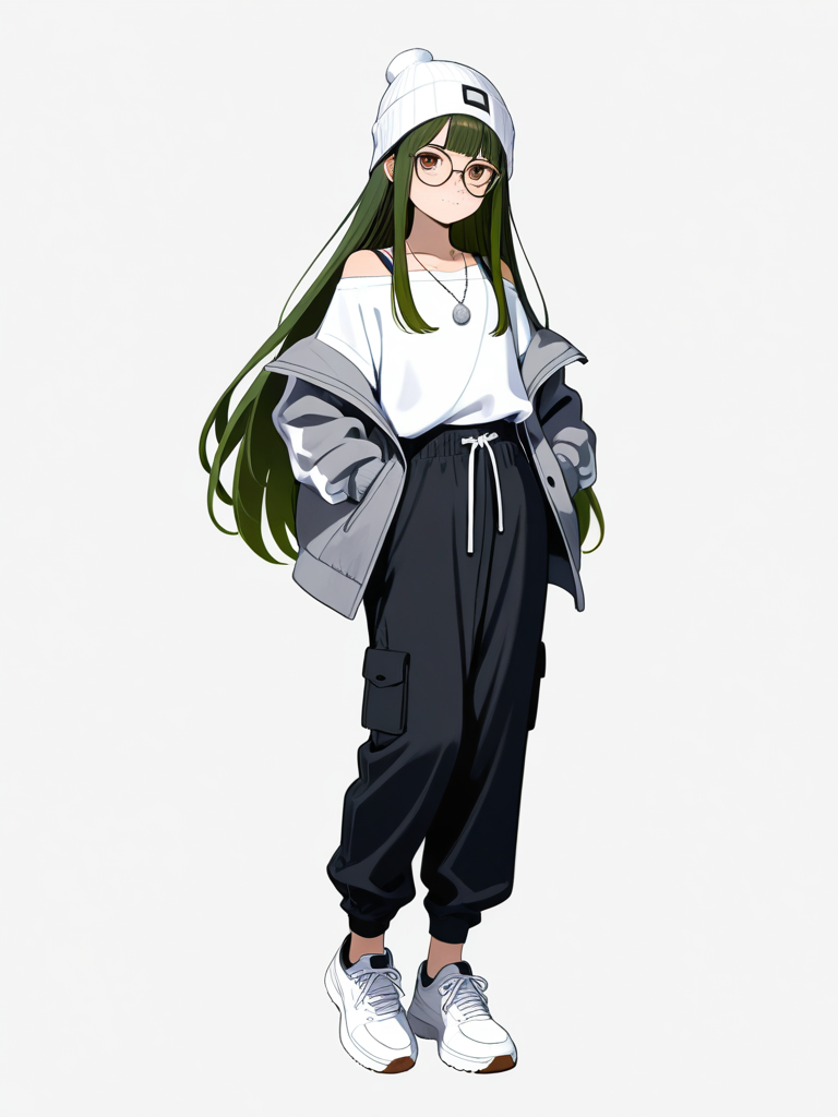 1boy, androgynous, teen, slim, very long hair, green hair, brown eyes, freckles, fair skin, glasses, white beanie, necklace, silver locket, gray jacket, white off-shoulder t-shirt, black cargo pants, white shoes, single character, full body, looking at viewer, anime style, simple background, white background