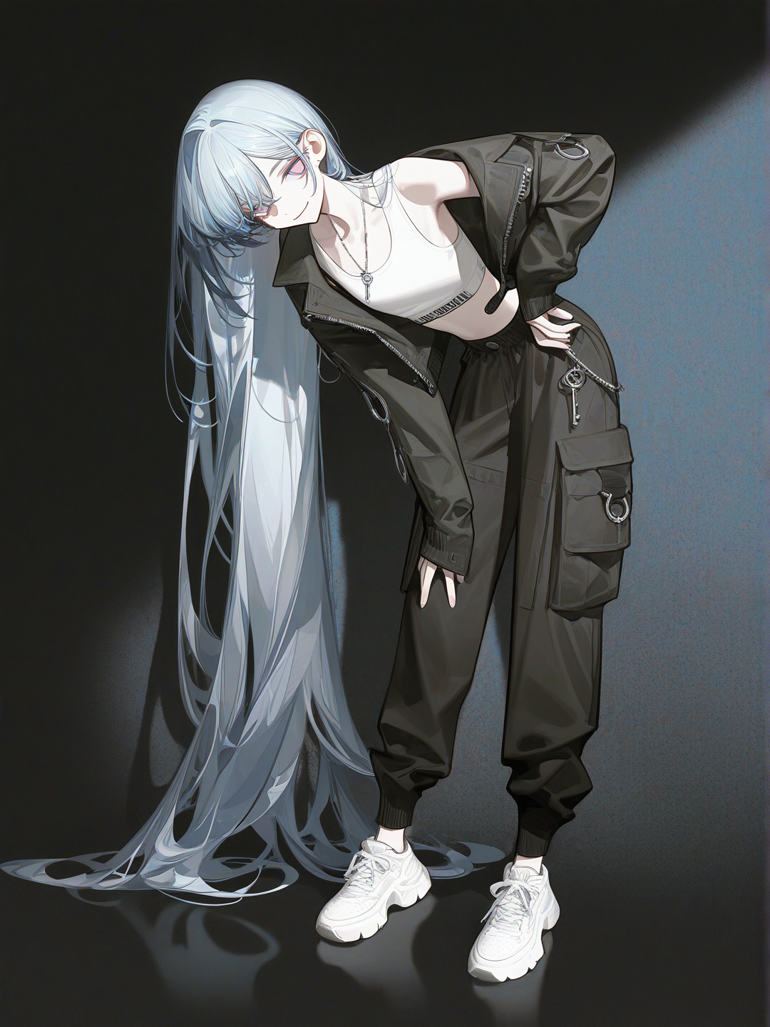 1boy, [high-contrast-glossy-style], bent over, seductive smile, white crop top, black cargo pants, gray unzipped jacket, white tennis shoes, very long pale blue hair, bright pink eyes, tan skin, silver key necklace, androgynous, slim build