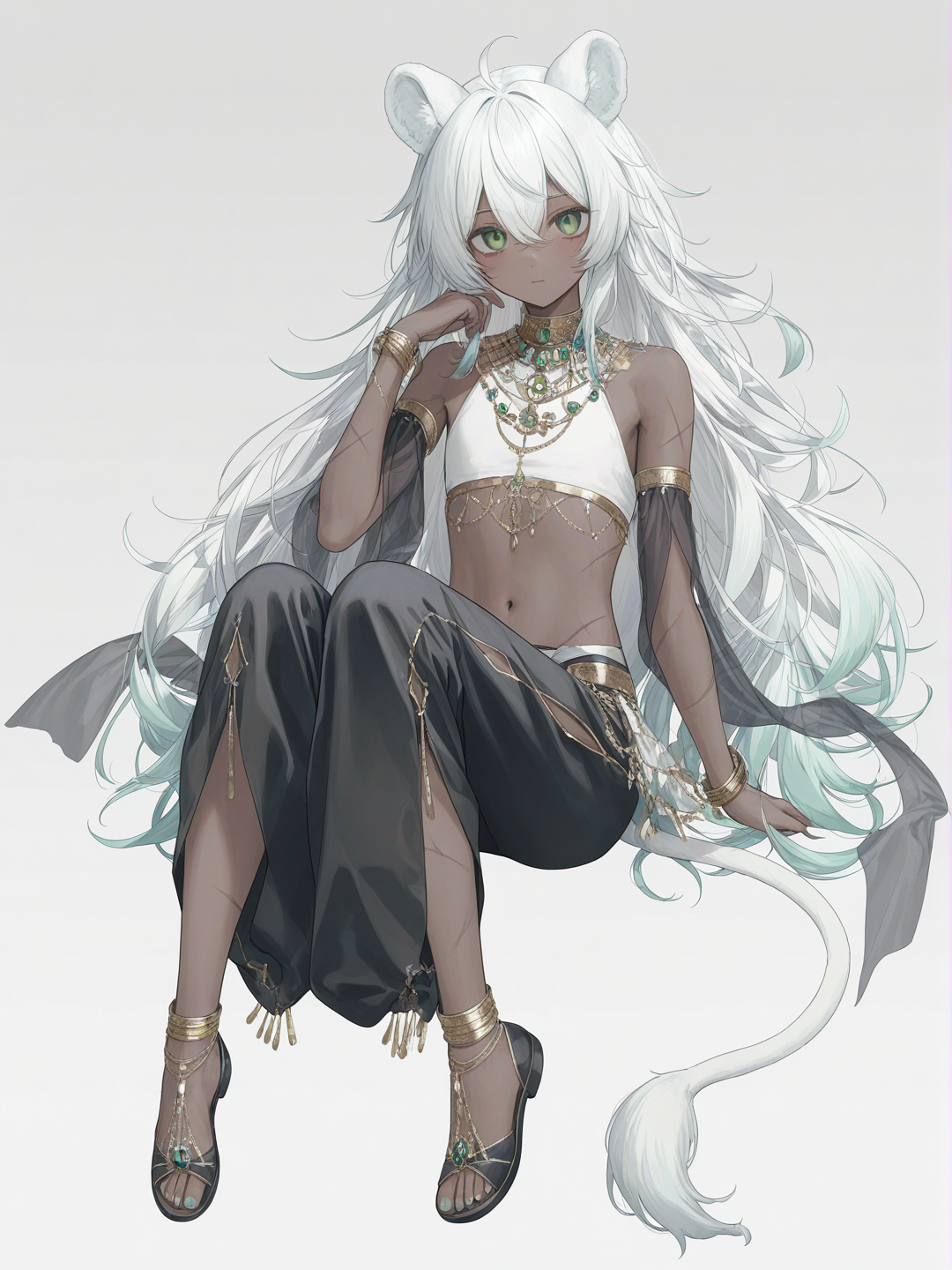[soft-pastel-style] 1boy, teenager, androgynous, slim, dark skin, off-white hair, very long hair, off-white lion ears, off-white lion tail, bright green eyes, white crop top, black silk dancer pants, black dancer shoes, sheer yellow dancers' scarf, silver bangles, silver anklet, elegant jade bead necklace, scar, single character, full body, looking at viewer, anime style, simple background, white background