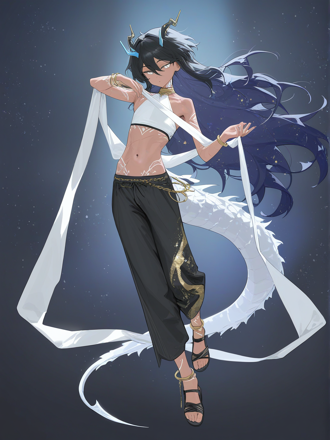 1boy, [vibrant-anime-style], dancing with sheer scarves, serene expression, androgynous, slim, teenager, tan skin, scars, bright mercurial silver eyes, very long hair, cosmos black hair, wavy hair, black dancer pants silver hip scarf, white crop top, black dancer sandals, gold bangles, gold anklets, chain tattoo symbol on neck, full body, moonlight, desert, slim white dragon tail, slim white dragon horns, white celestials markings