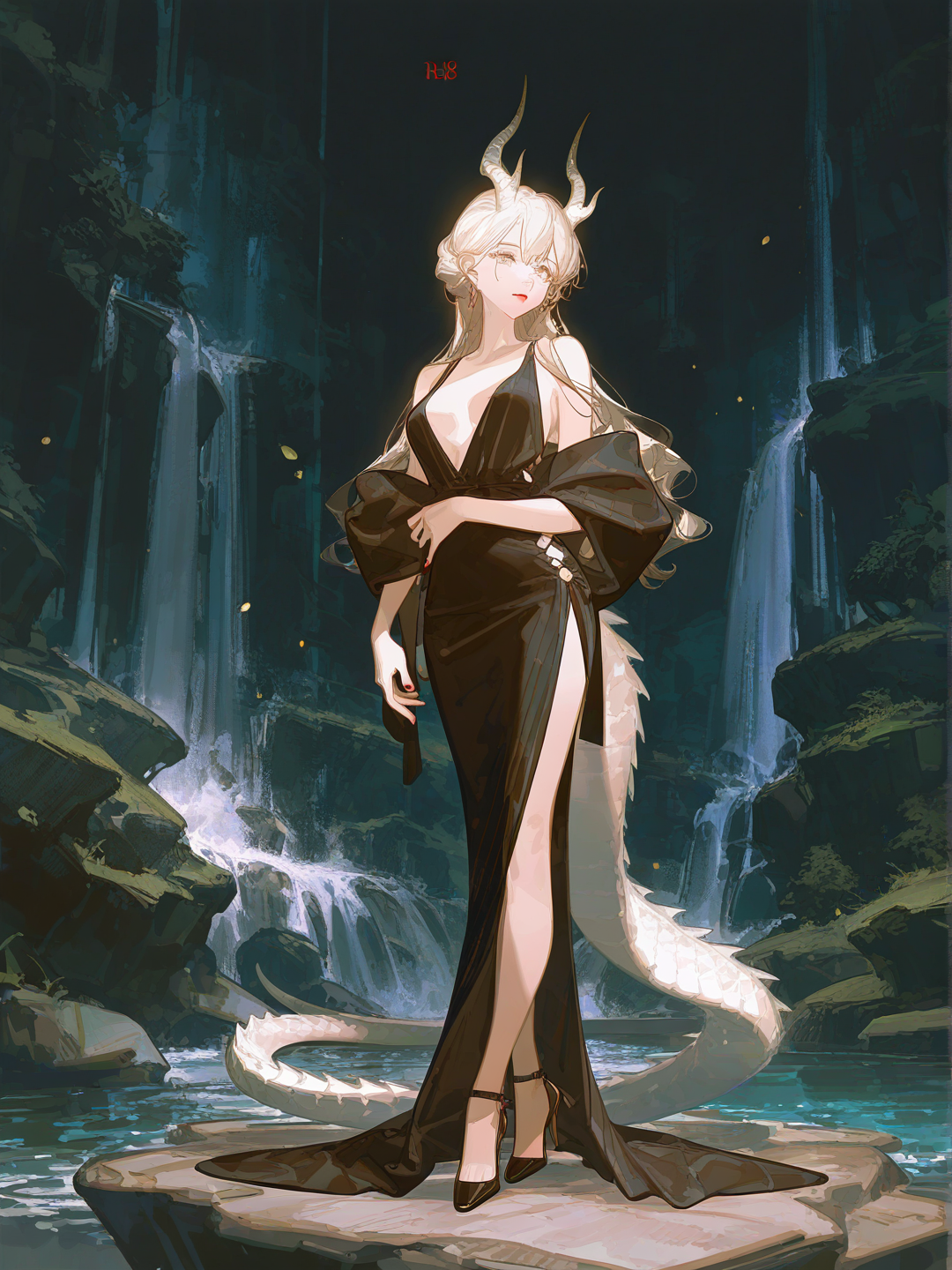 1girl, [dazzling-illustration-style], slim, mature, medium breasts, long hair, pitch black hair, wavy hair, glowing silver eyes, tan skin, white dragon scales on skin, white curved dragon horns, white dragon tail, short little black dress, black strappy heels, red nails, red lips, full body, night, waterfall