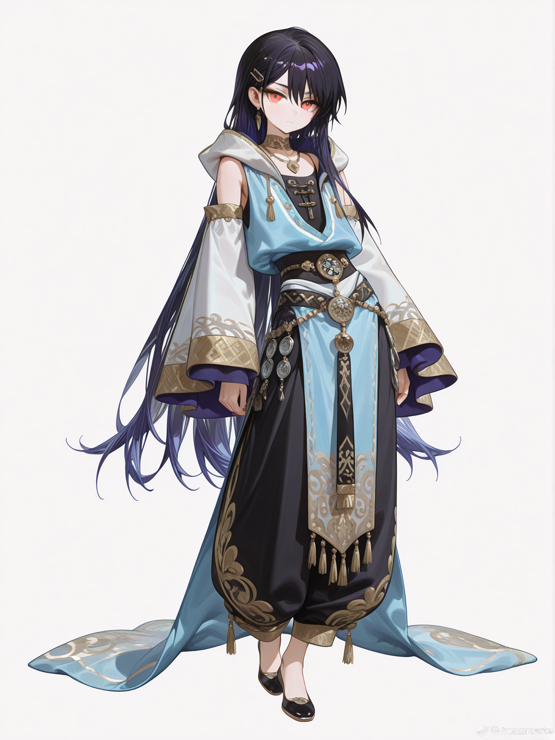 1boy, solo, teenager, slim, androgynous, porcelain skin, orange eyes, very long hair, purple-tinted black hair, hair clip, light blue tunic, tank top, light blue flowing sleeves, white sleeveless hooded bolero, bolero, light blue palazzo pants, black dancer flats, silver locket, single character, full body, looking at viewer, anime style, simple background, white background, [high-gloss-illustration-style]