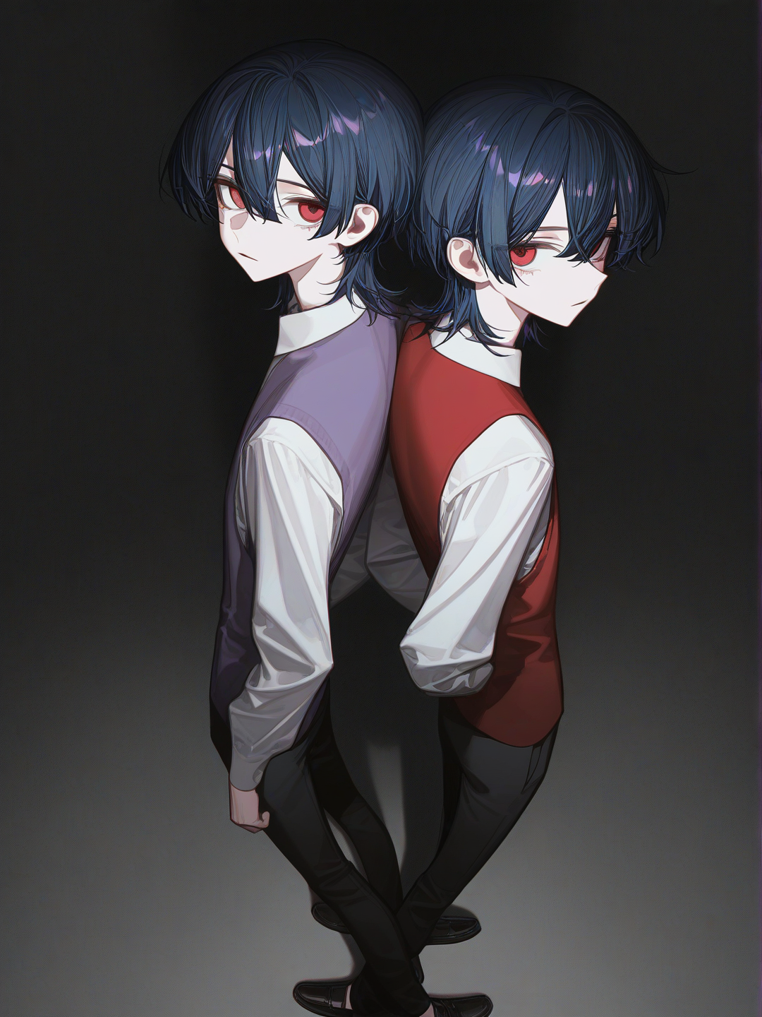 [high-contrast-glossy-style], 2boys, teenagers, twins, tall, slim, fair skin, medium dark blue hair, bright red eyes, wearing white dress shirt, black dress pants, black loafers, one wearing a red vest, one wearing a lavender vest, back-to-back, looking at viewer