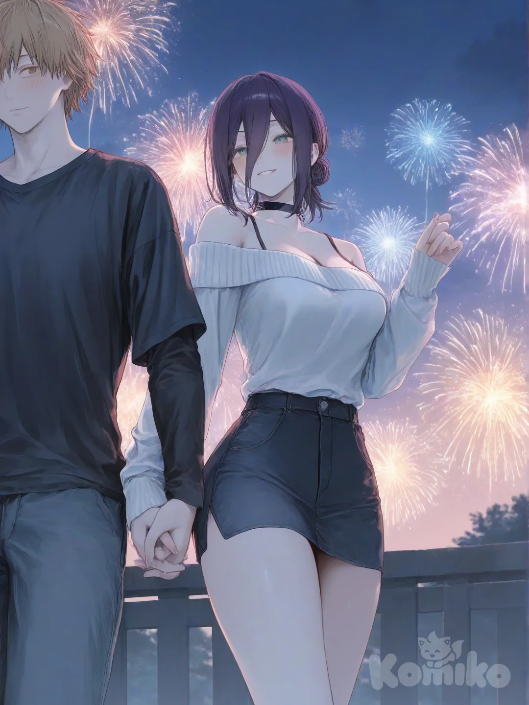 Reze_(Chainsaw_Man) 穿著性感的毛衣和裙子陪, Denji_(Chainsaw_Man) 一起去看煙火, [sweet-pastel-style]