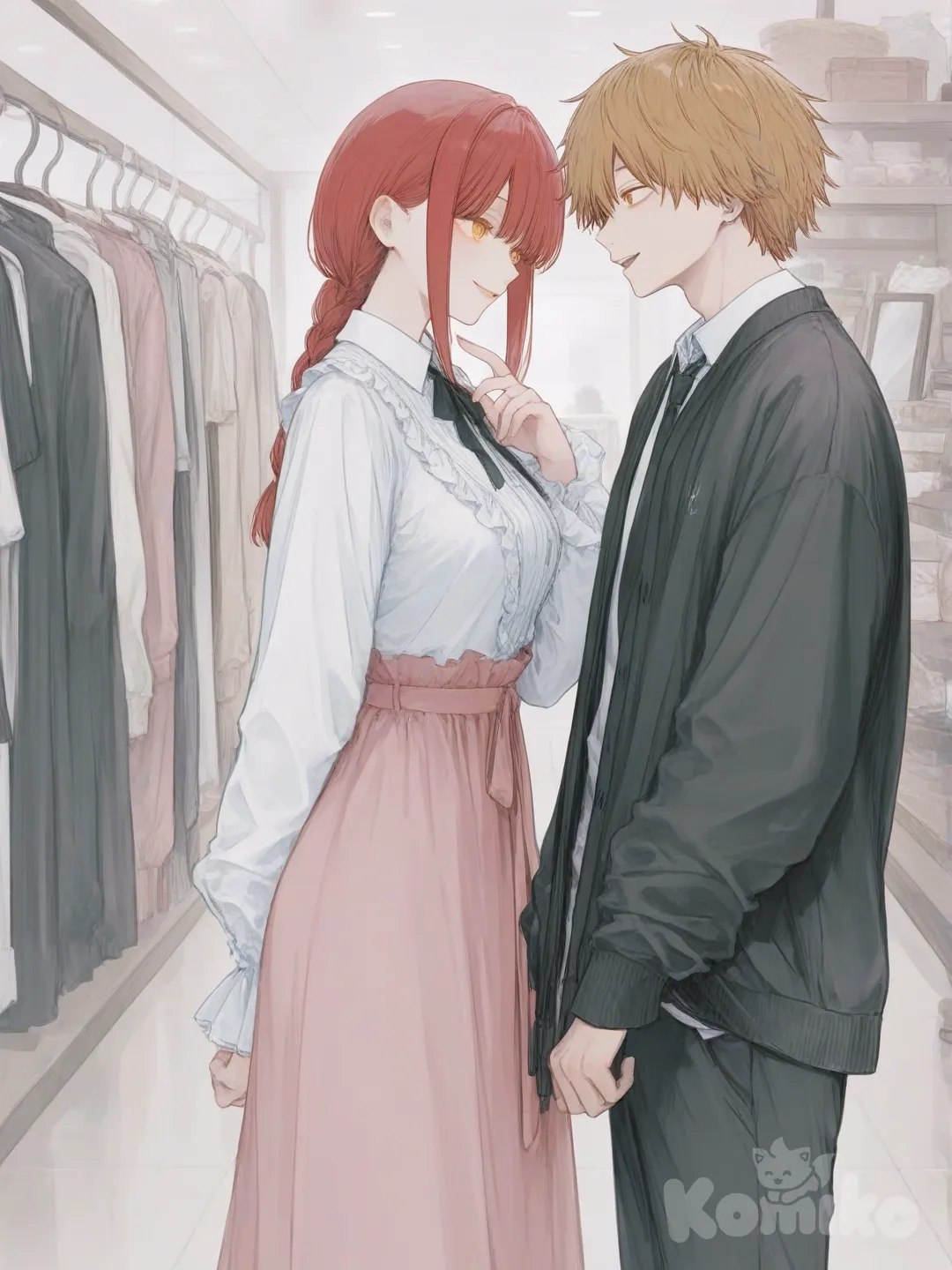 Makima (Chainsaw Man) 穿著漂亮的衣服和, Denji (Chainsaw Man) 一起去服裝店逛衣服, [sweet-pastel-style]