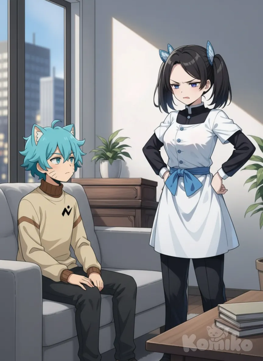 Que el chico esté sentado en el sofá mirando a la chica y que la chica lo mire con desprecio y estricta , anime style