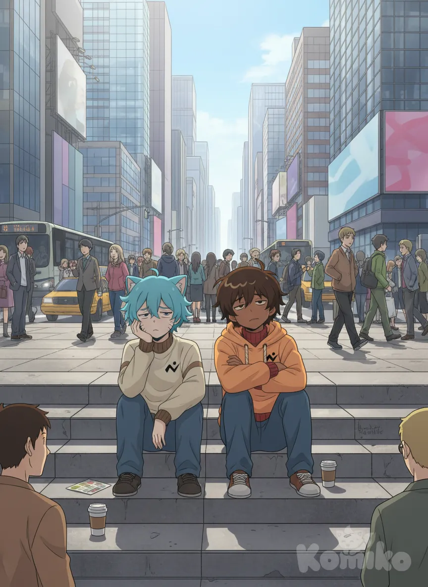 Que los dos chicos estén sentados en unas escaleras y que tengan caras de aburrimiento y que estén sentados en unas escaleras de una ciudad , anime style