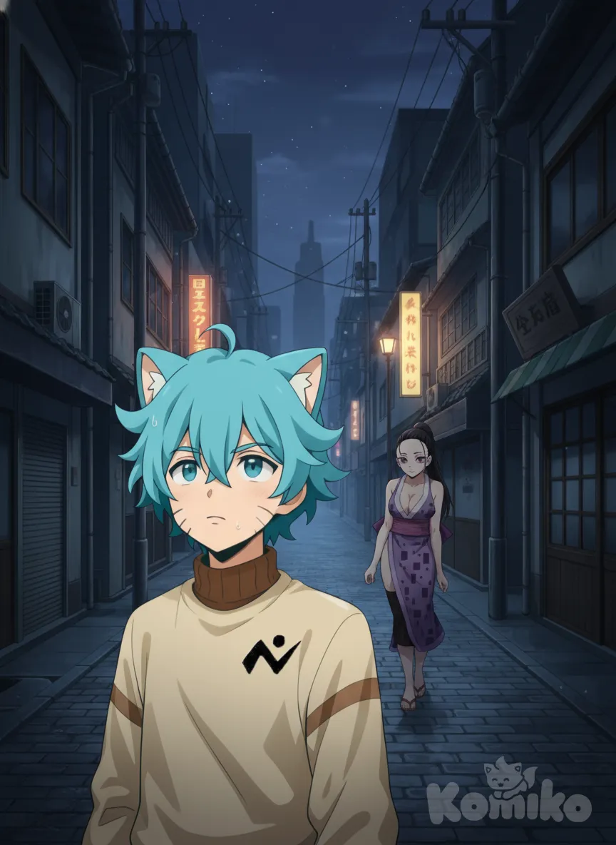 Que el chico esté caminando solo en la calle y de noche mientras la chica lo sigue a lo lejos y que el chico tenga una gota de sudor en su cabeza , anime style