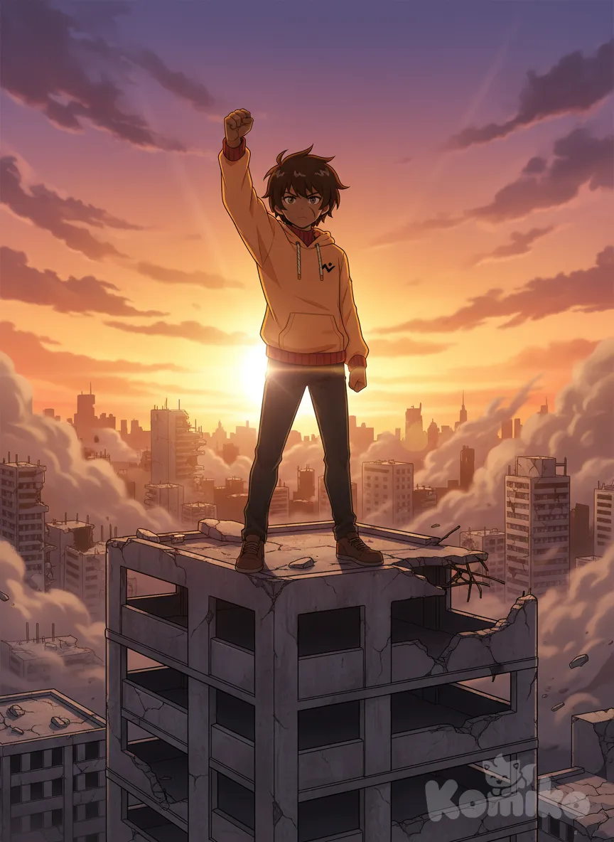 Que el chico esté en un edificio y con una pose de película y con una cara llena de determinación y con cara seria y con el brazo derecho faltante y con el puño cerrado y que la manga del buzo se mueva con el viento y que tenga una cicatriz pequeña en el rostro y con un atardecer 🌇 y que la ciudad esté destruida, anime style