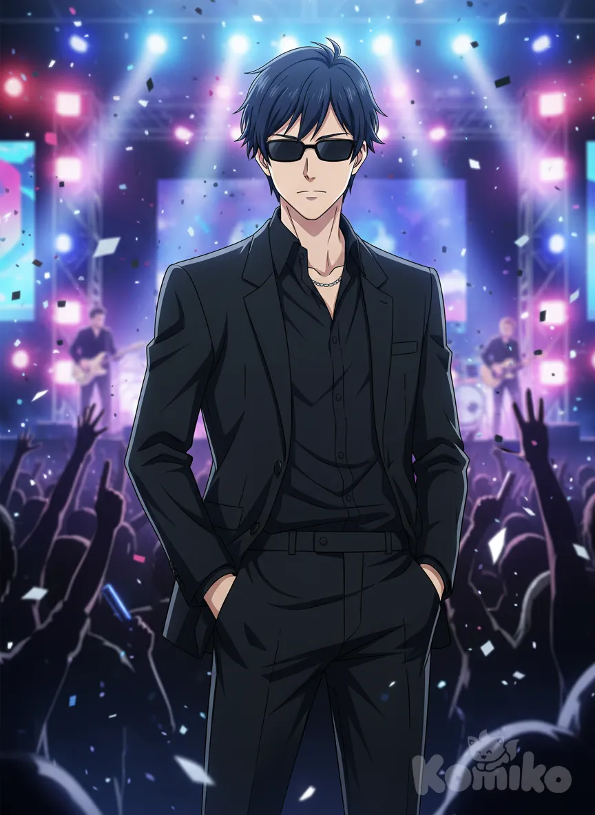 Que el chico esté en un concierto y que tenga ropa negra elegante y con lentes negros , anime style
