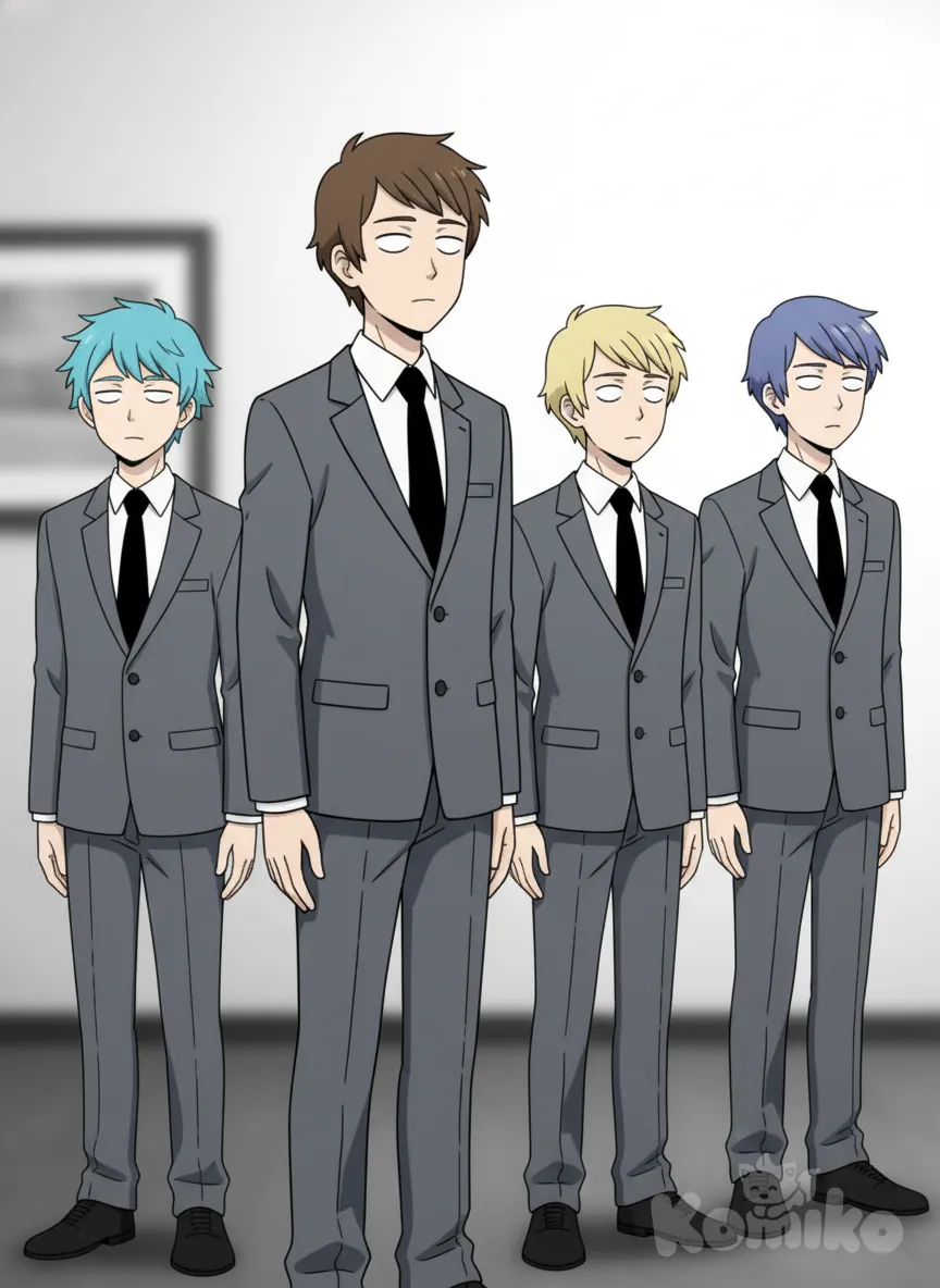 Que todos los chicos estén tomándose una última foto de despedida y que tenga trajes grises y corbatas negras y que no tengan ninguna expresión y que solo tengan miradas perdidas y que no sonríen