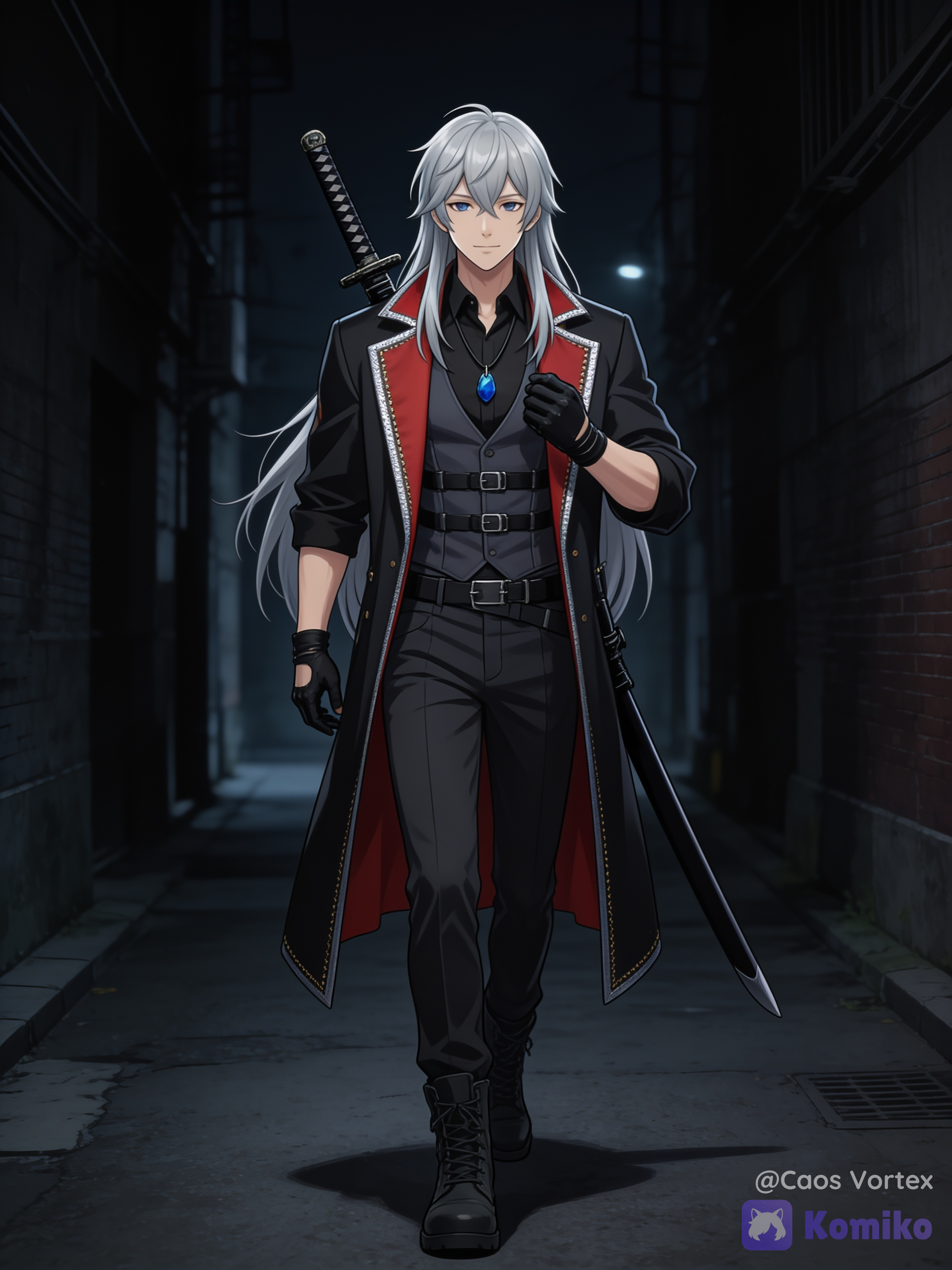 Cambia su atuendo: Chaqueta tipo abrigo de color negro sobre los hombros abierta de interior forrado de forro rojo con bordes plateados y costuras doradas discretas, camisa negra y chaleco de color gris oscuro con detalles negros correas y hebillas metalicas, guantes negros sin dedos, pantalones negros, botas negras. Katana de empuñadura negra de 2,45 metros guardada en una baina negra en la parte tracera de la cintura. Arreglandose el guante izquierdo. Parado derecho, caminando en un callejon oscuro solitario, de noche.