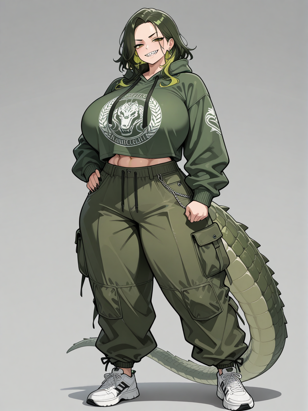 Crocodile woman, large, mommy, intimidating, street wear