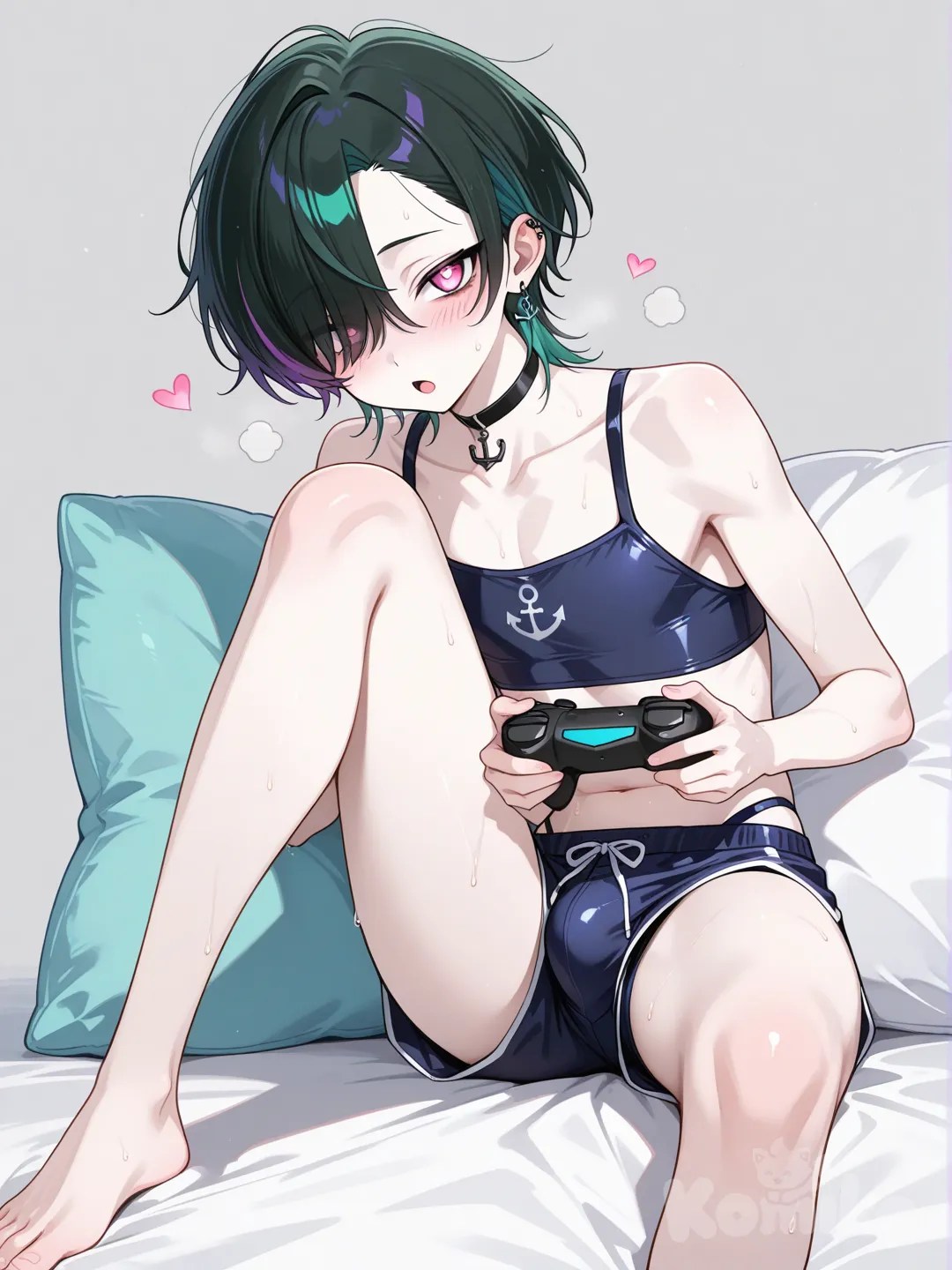 18+, @noe-mistral-xbkq, 1boy, bare shoulders, barefoot, black hair, blush, bulge, femboy, game controller, green hair, heart, holding object, male, male only, multicolored hair, open mouth, pillow, pink eyes, purple hair, shadow, short hair, short shorts, sitting, sweat, swimsuit