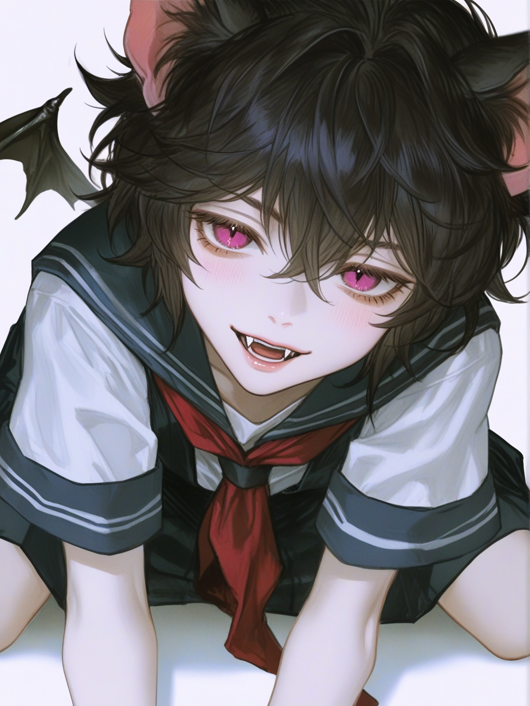 [semi-realistic-portrait-style] 1boy, young, short, slender, pale_skin, black_hair, bat_ears, bat_wings, magenta_eyes, fangs, school_uniform, solo, full body, looking at viewer, anime style, simple background, white background