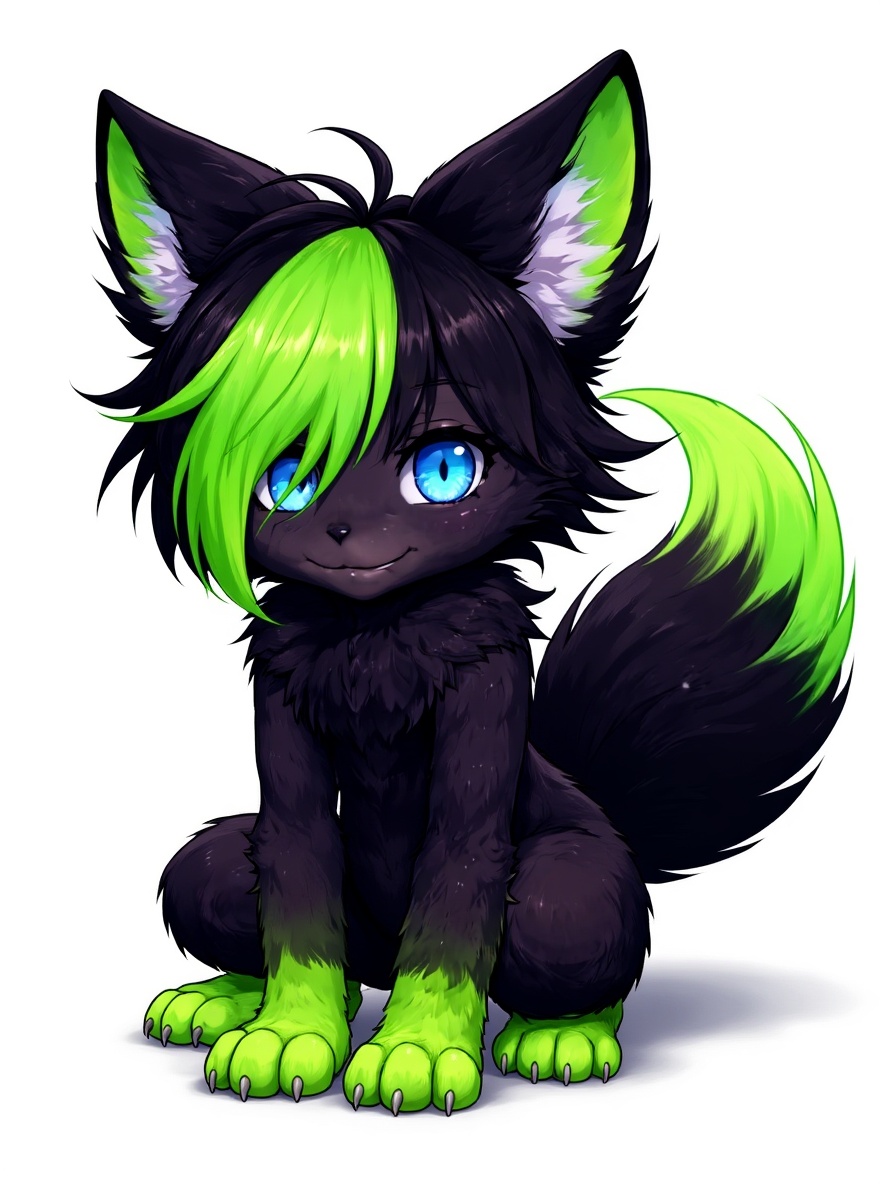 small_creature, slim_body, flexible_pose, fox_features, cat_features, galago_features, jet_black_fur, neon_green_tail_tip, neon_green_paws, long_hair_covering_one_eye, ice_blue_eyes, long_eyelashes, androgynous, charming_expression, retractable_claws, single character, full body, looking at viewer, anime style, simple background, white background