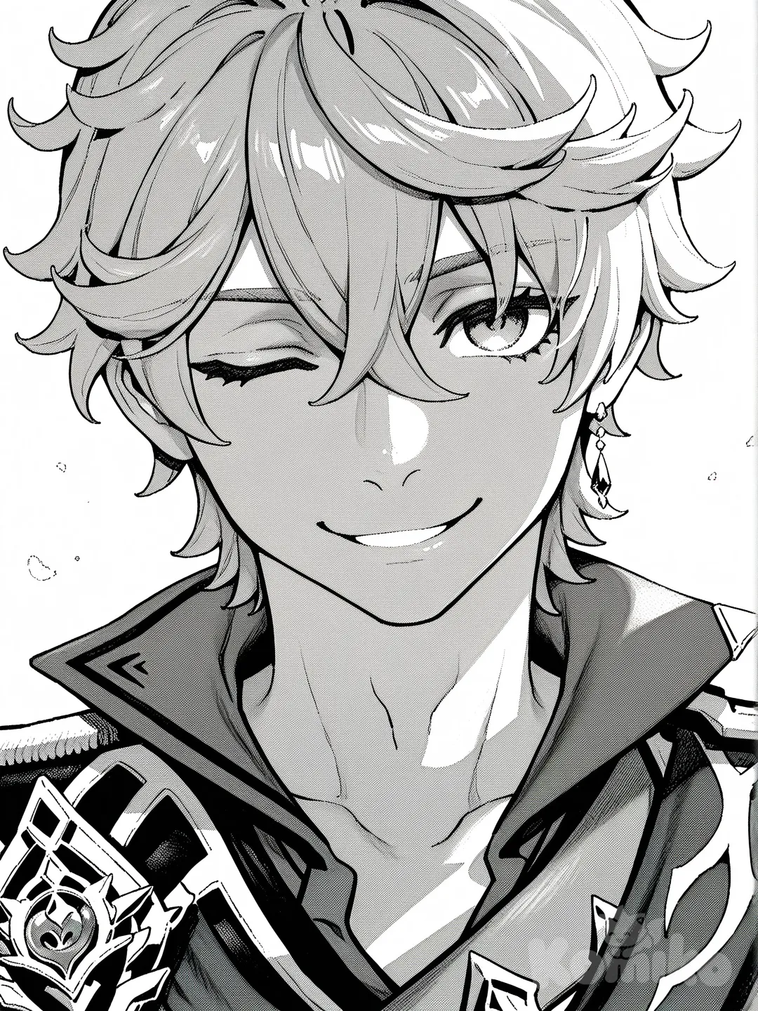 1boy, @Tartaglia_(Genshin_Impact), [graphic-ink-style], smile, one eye closed, portrait, ambient light, clean background