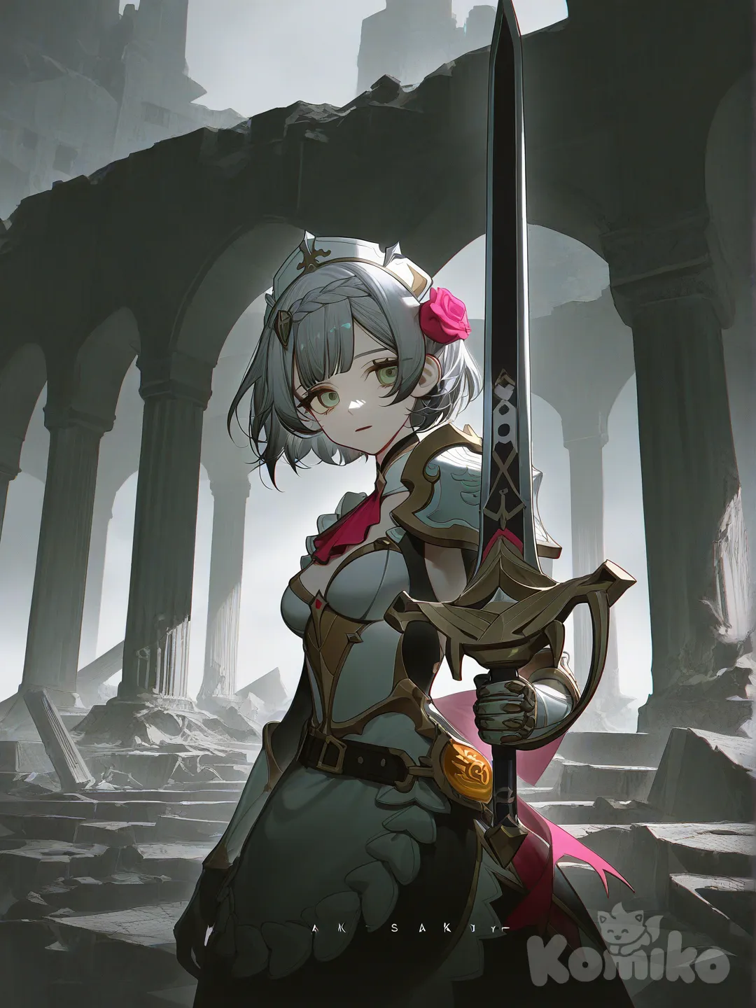 1girl, [high-contrast-glossy-style], holding sword, upper body, rim light, ambient light, ruins, cinematic lighting, @Noelle_(Genshin_Impact)